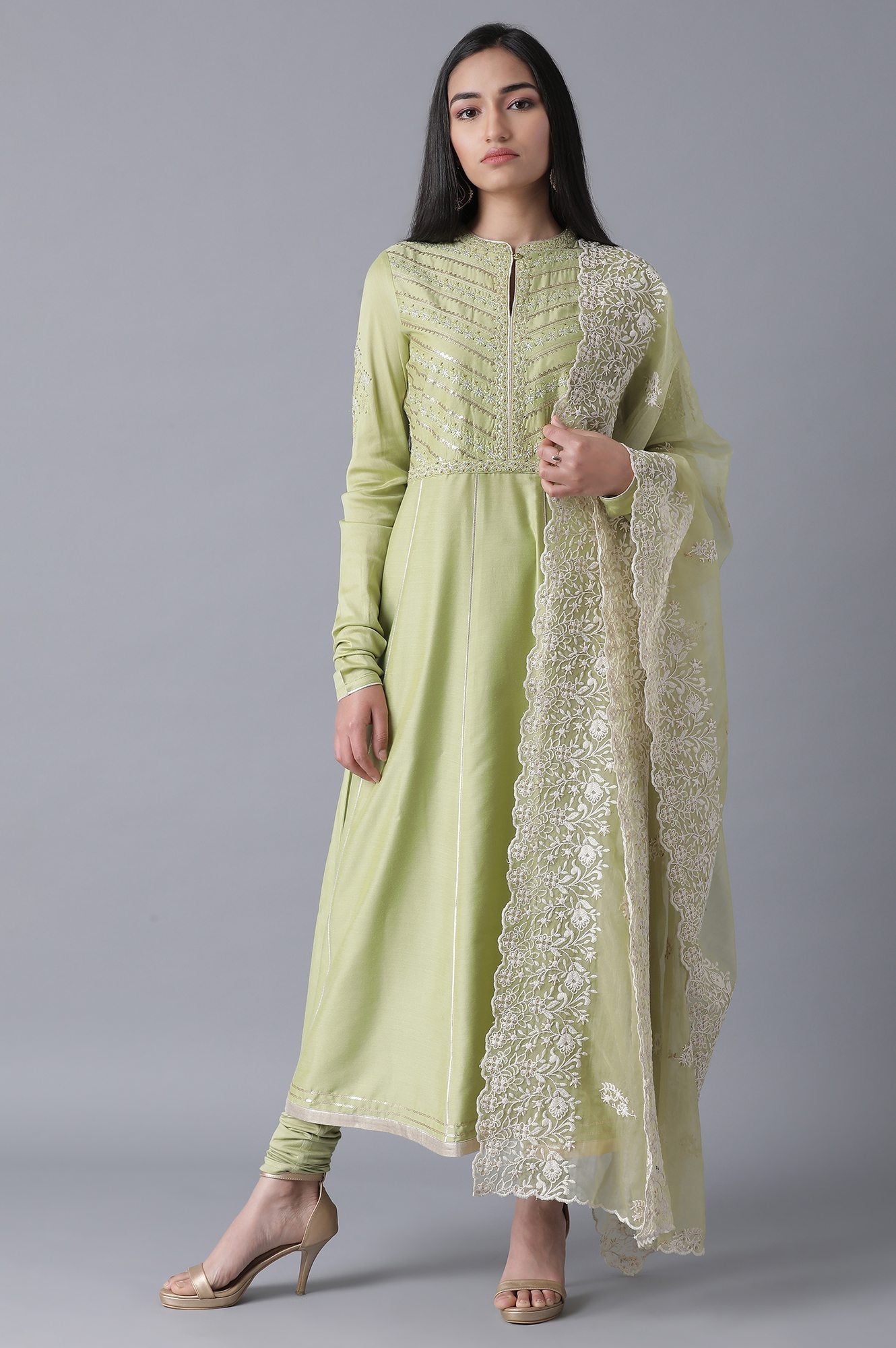 Green Flared kurta-Churidar-Drape Set