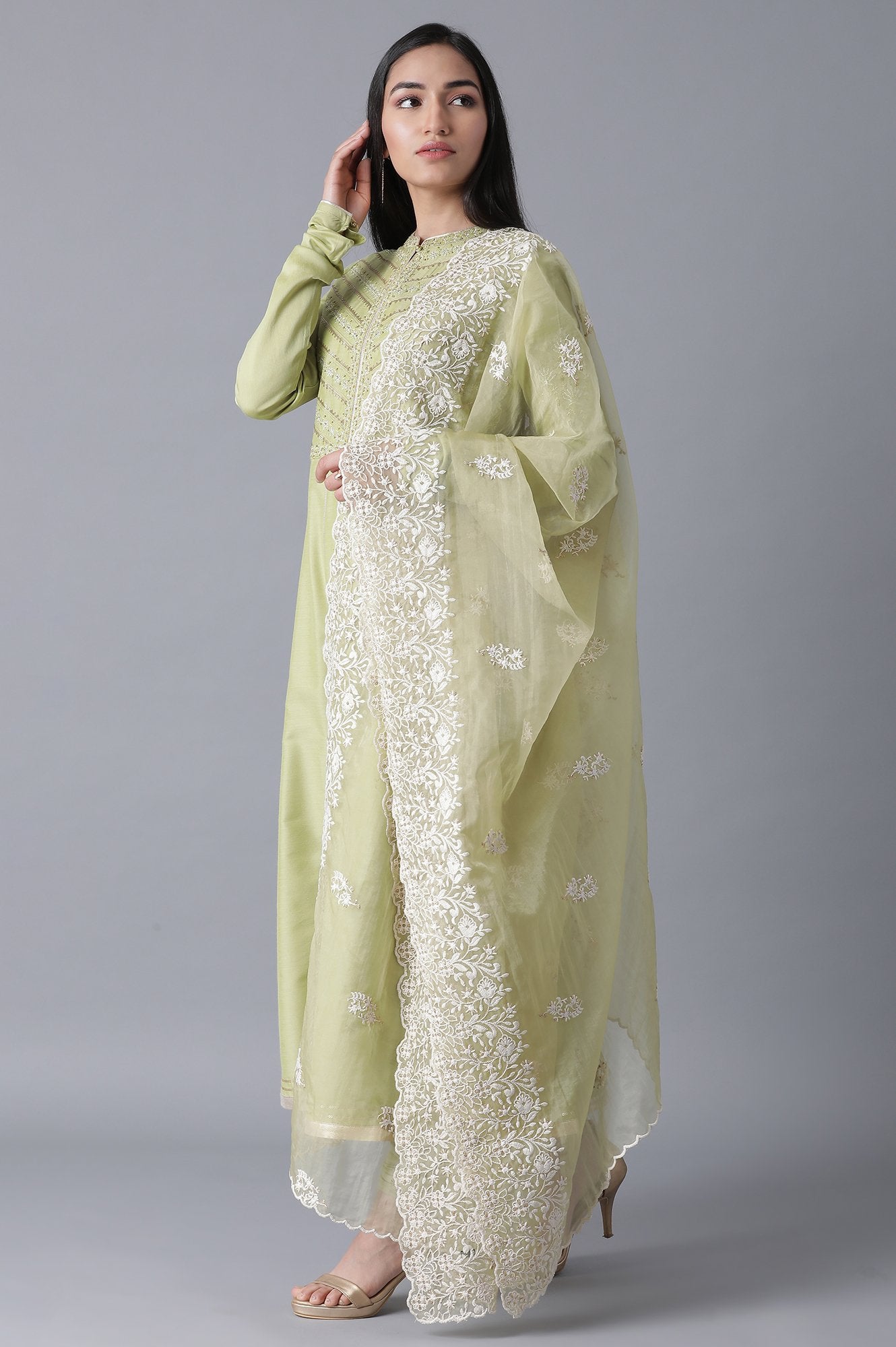 Green Flared kurta-Churidar-Drape Set