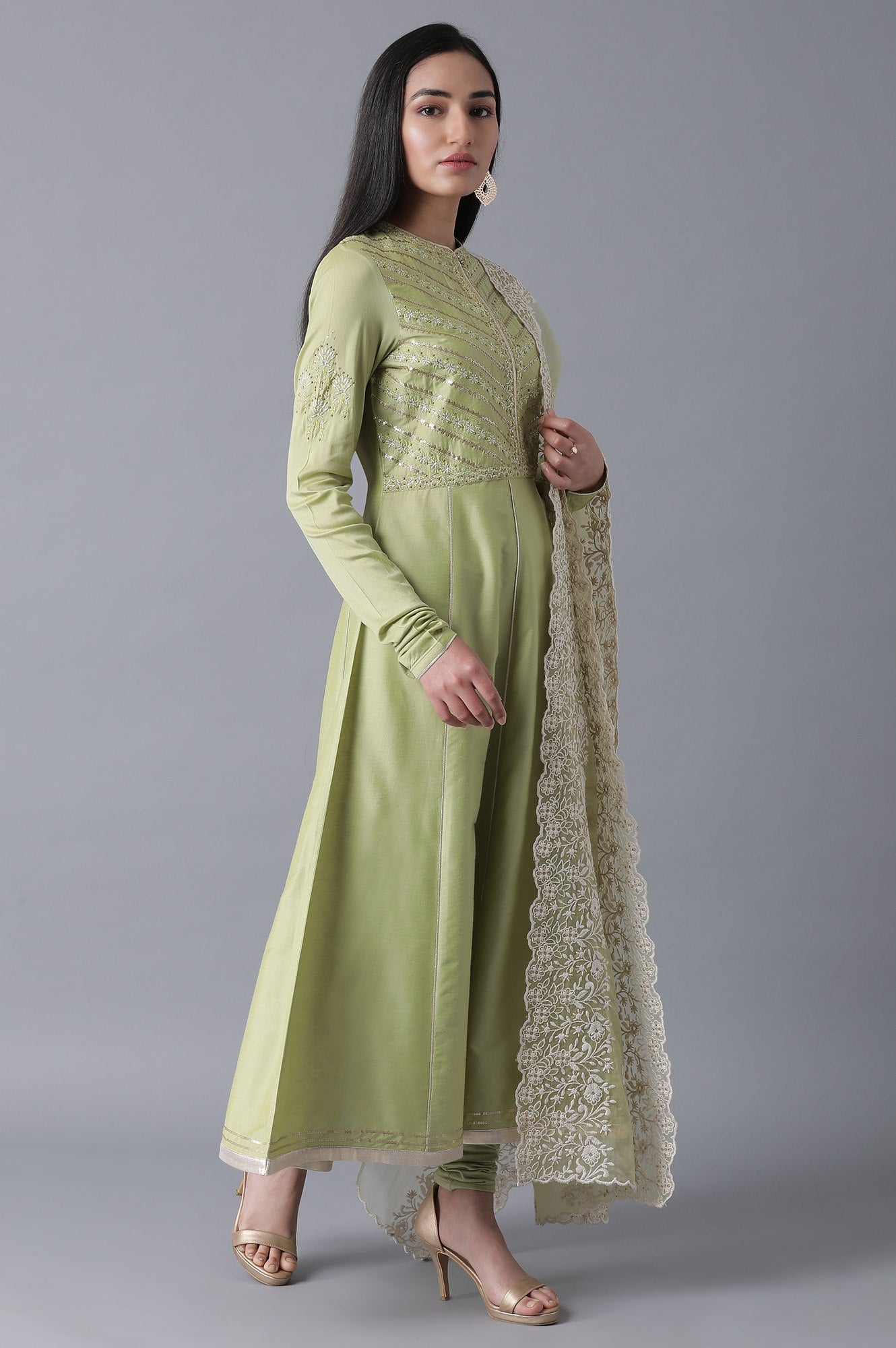 Green Flared kurta-Churidar-Drape Set