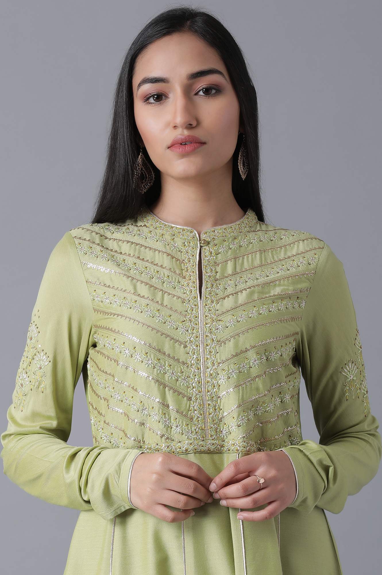 Green Flared kurta-Churidar-Drape Set
