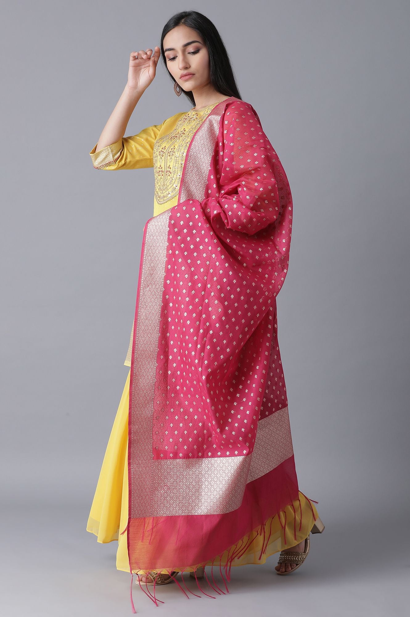 Yellow Short kurta-Sharara-Drape Set