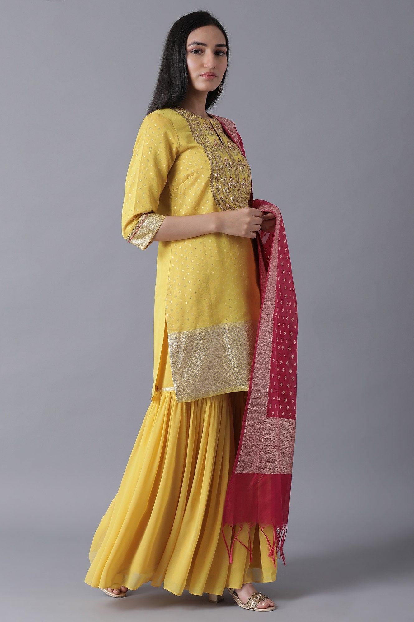 Yellow Short kurta-Sharara-Drape Set