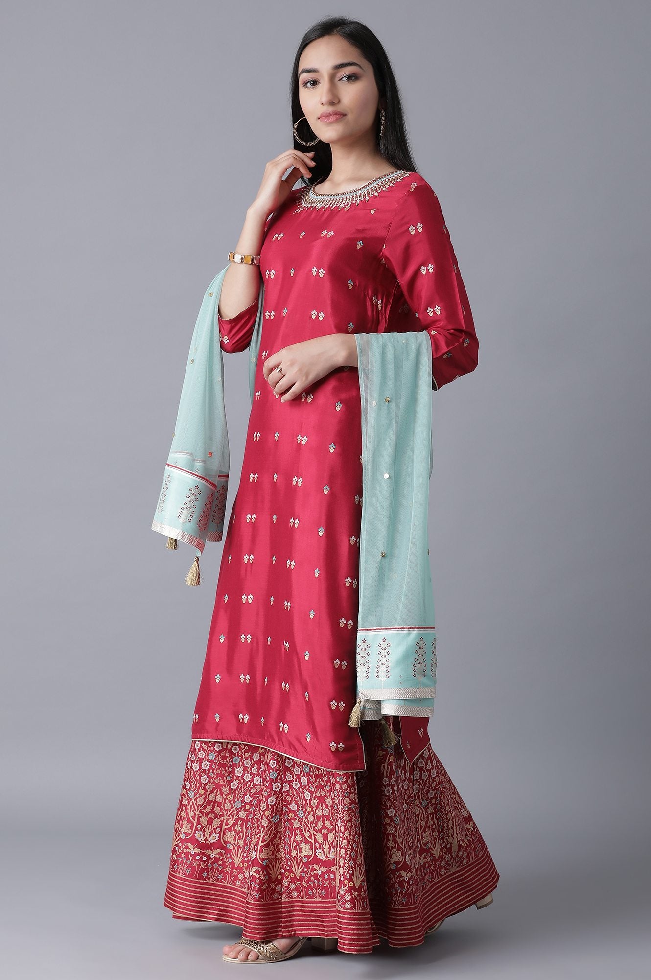 Maroon kurta-Culottes-Drape Set