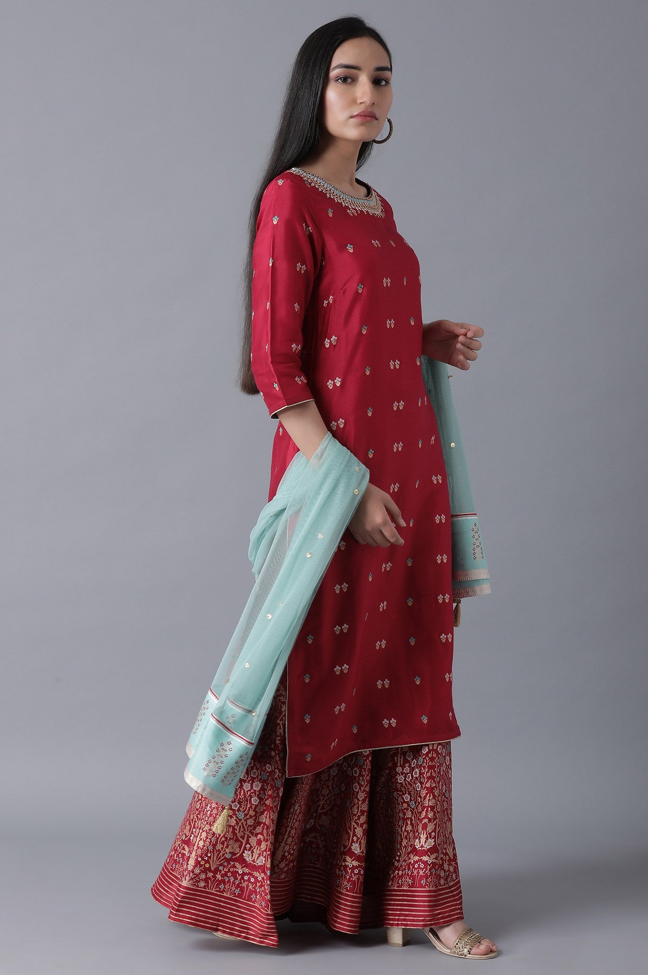 Maroon kurta-Culottes-Drape Set