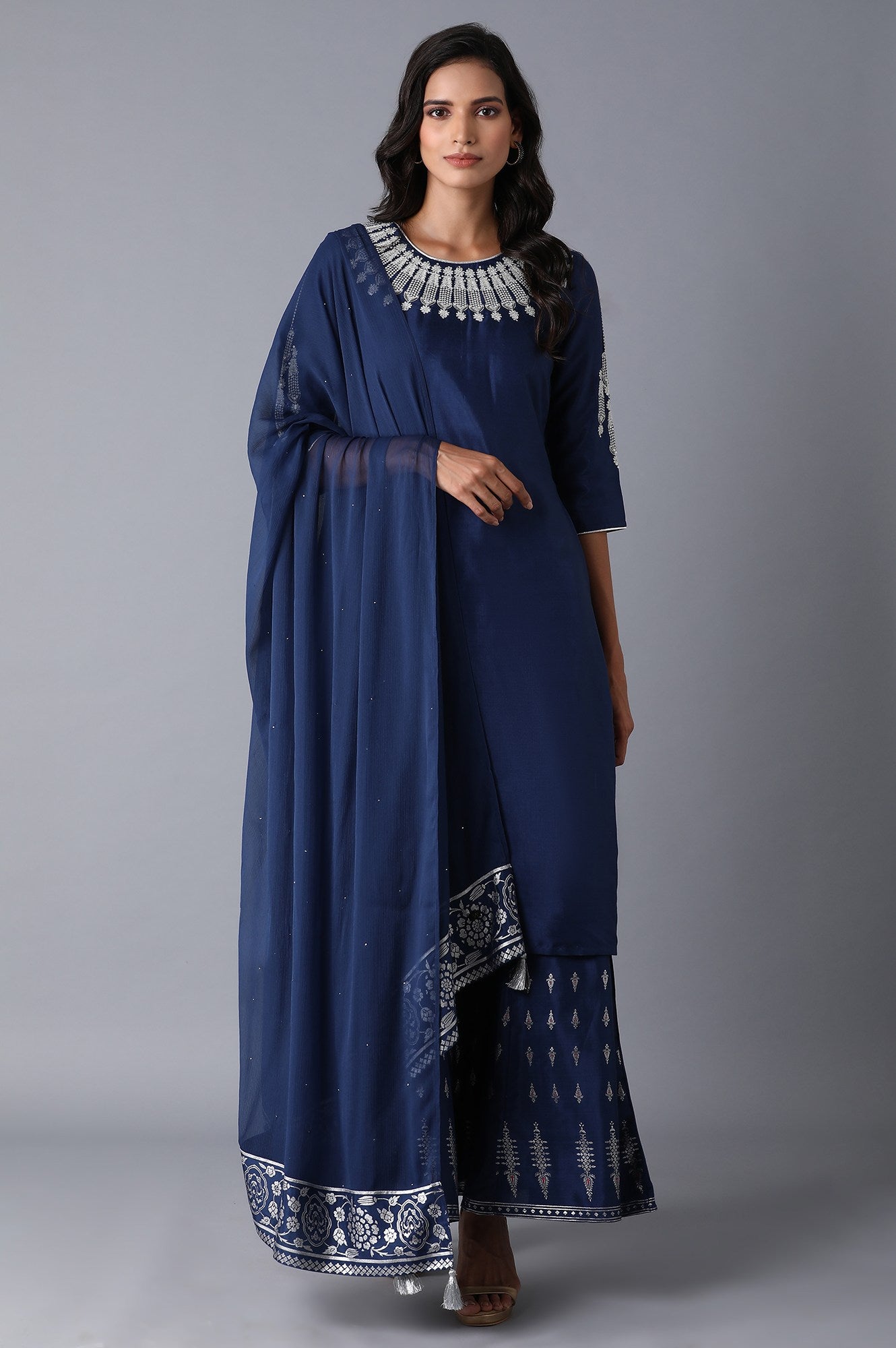 Navy Blue kurta-Culottes-Drape Set