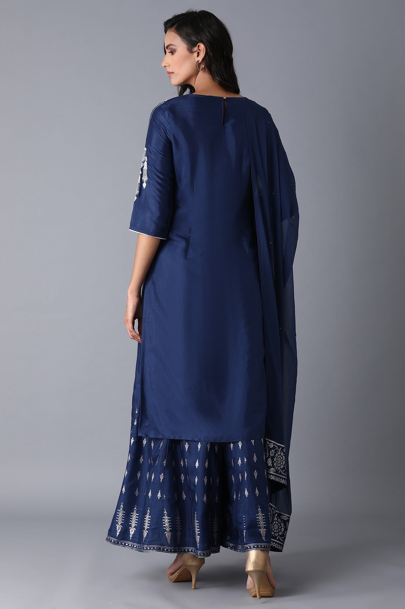 Navy Blue kurta-Culottes-Drape Set
