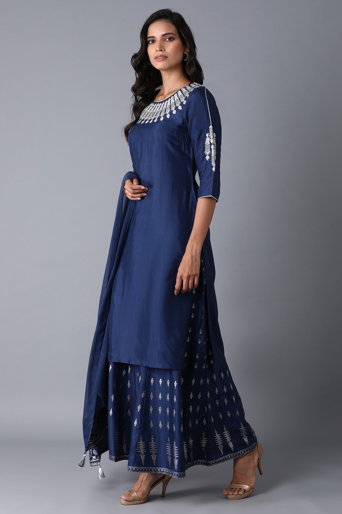 Navy Blue kurta-Culottes-Drape Set