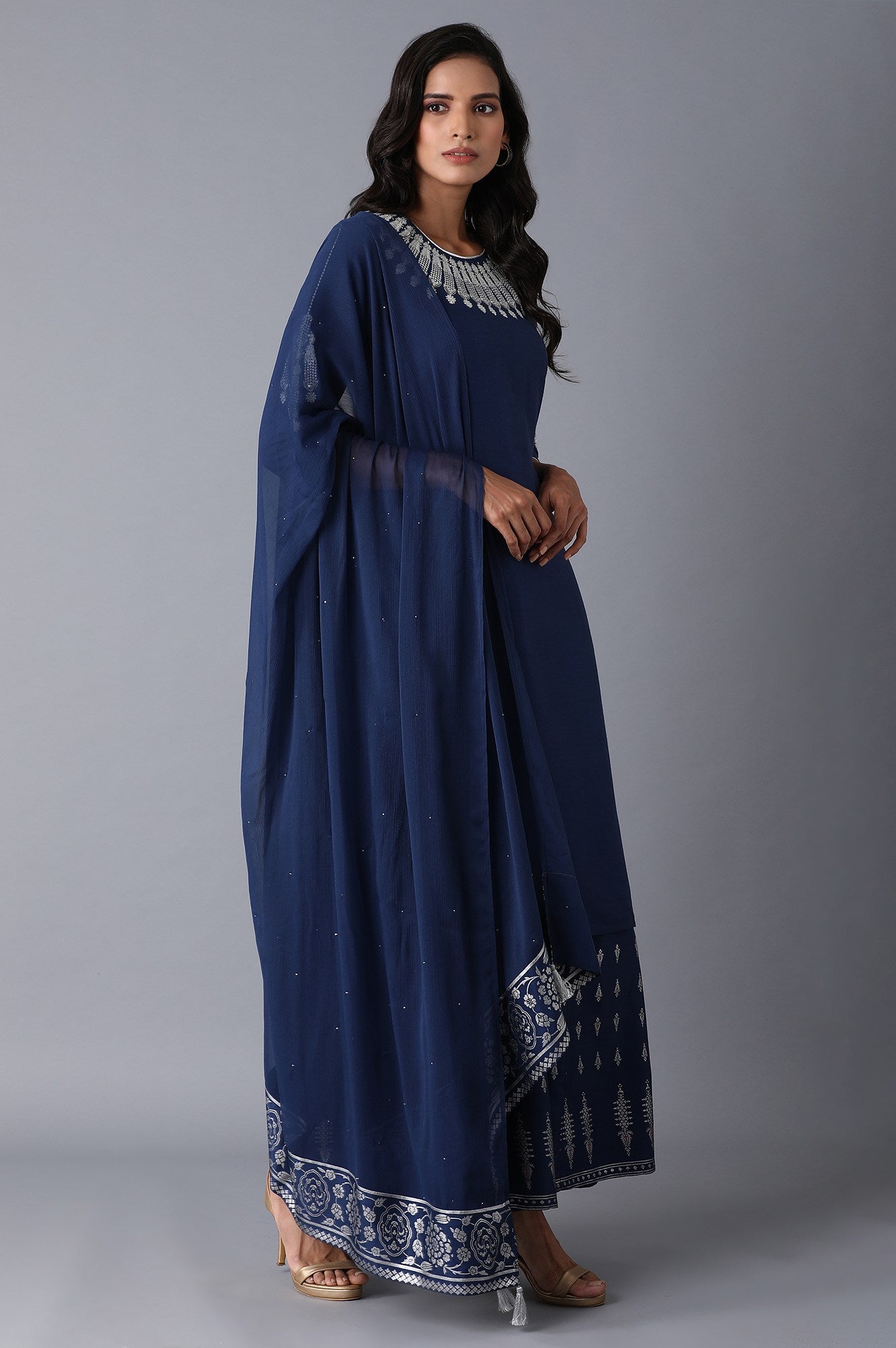 Navy Blue kurta-Culottes-Drape Set