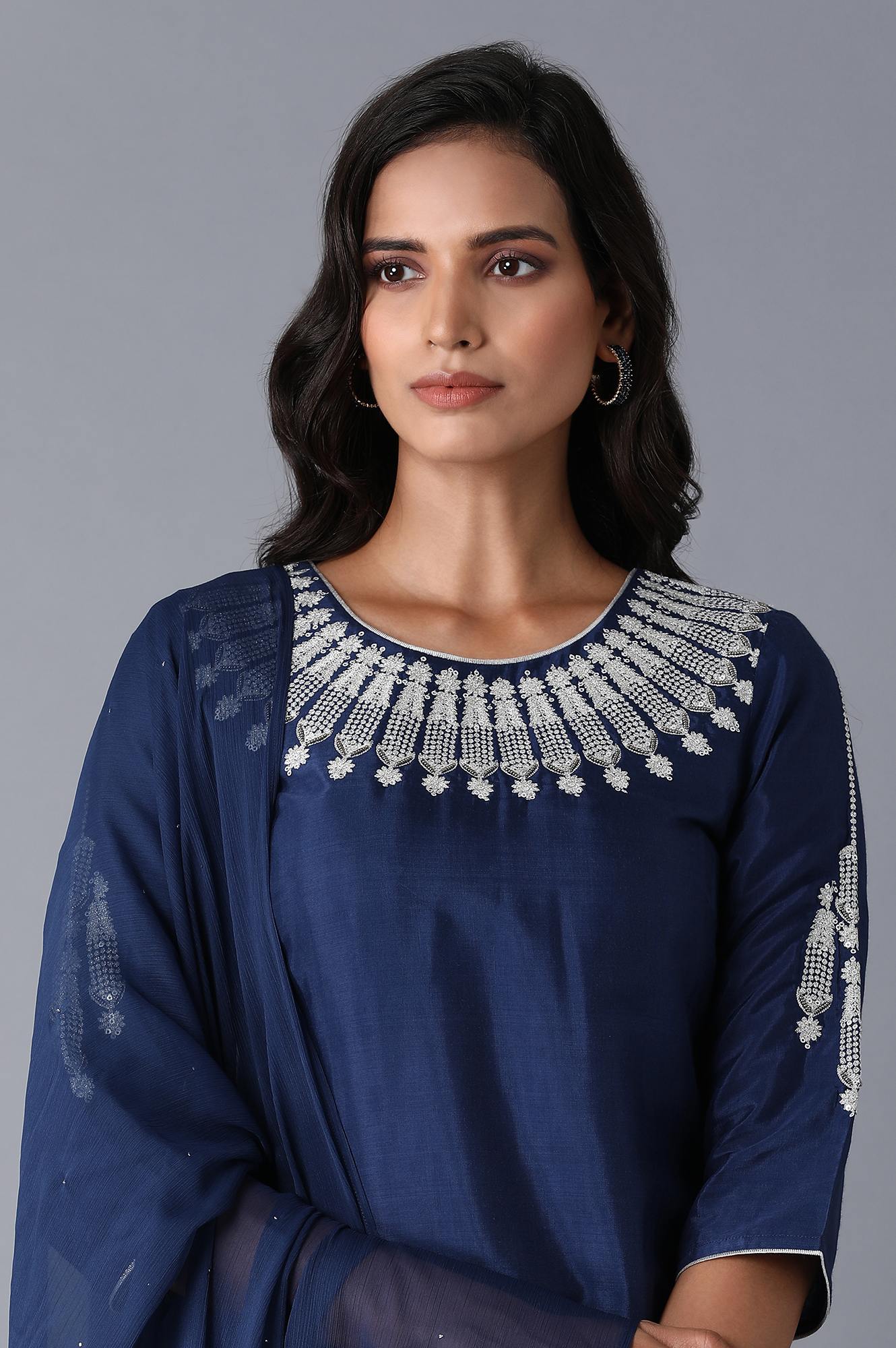 Navy Blue kurta-Culottes-Drape Set