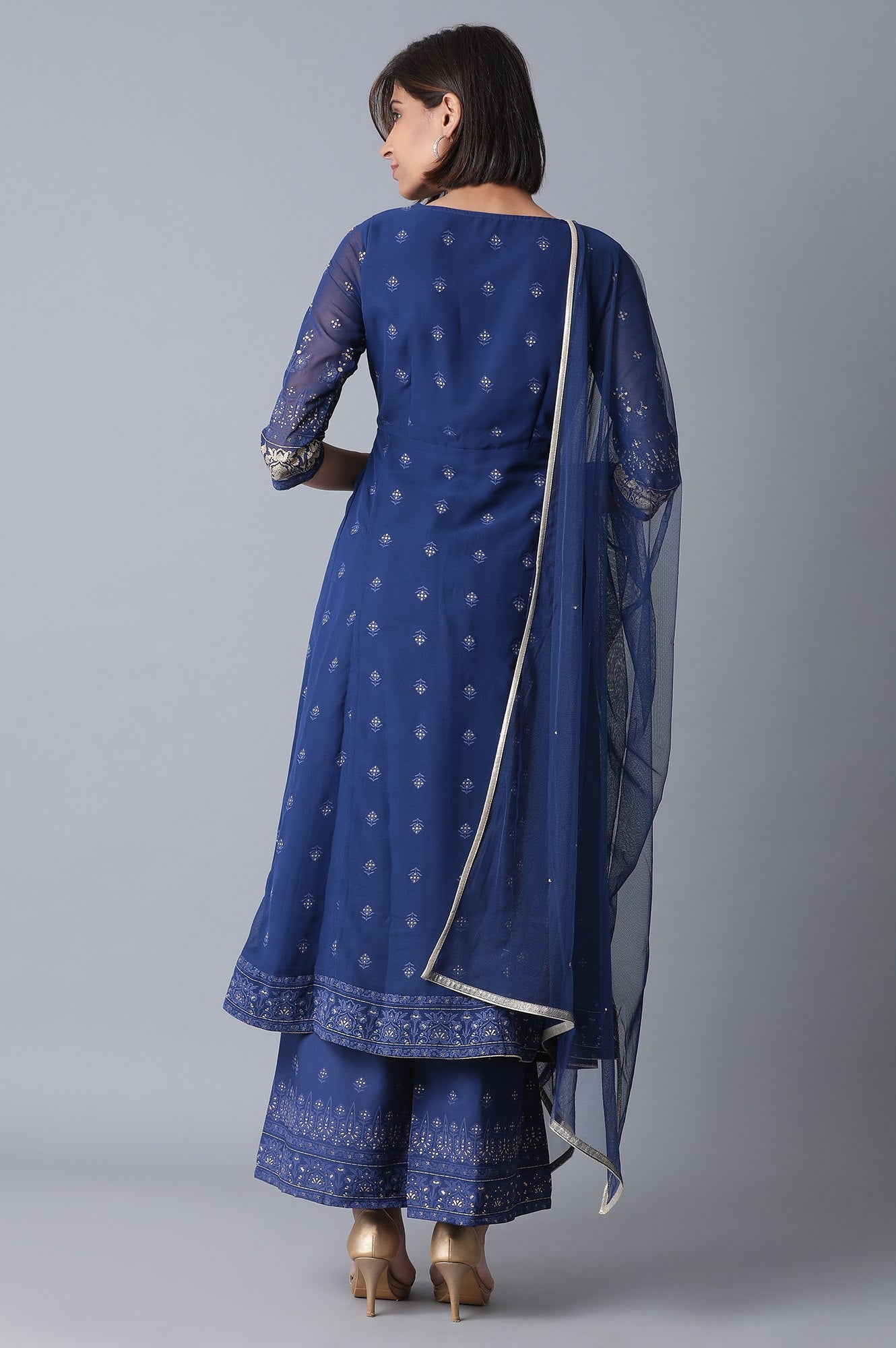 Navy Blue Flared kurta-Parallel Pants-Drape Set