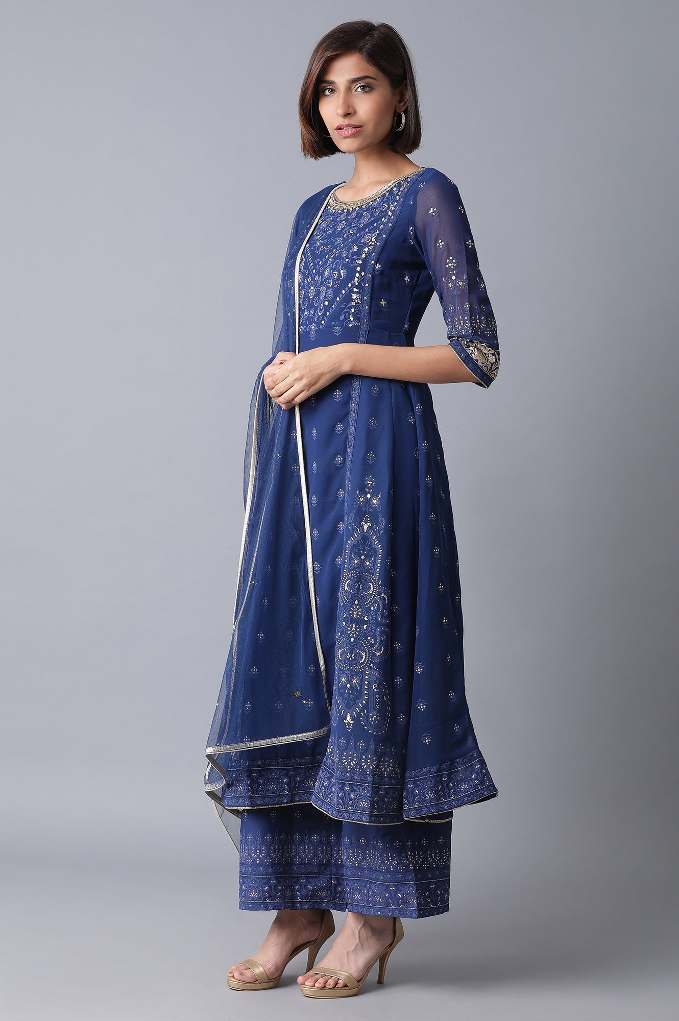 Navy Blue Flared kurta-Parallel Pants-Drape Set