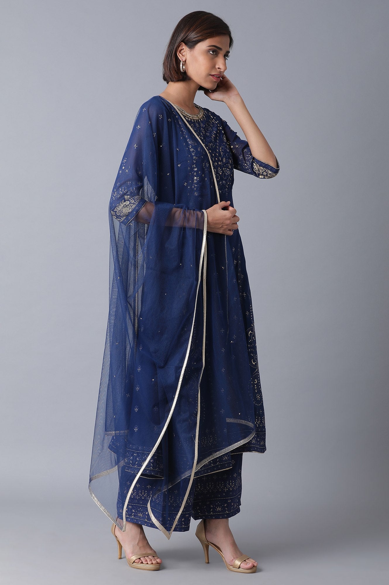 Navy Blue Flared kurta-Parallel Pants-Drape Set