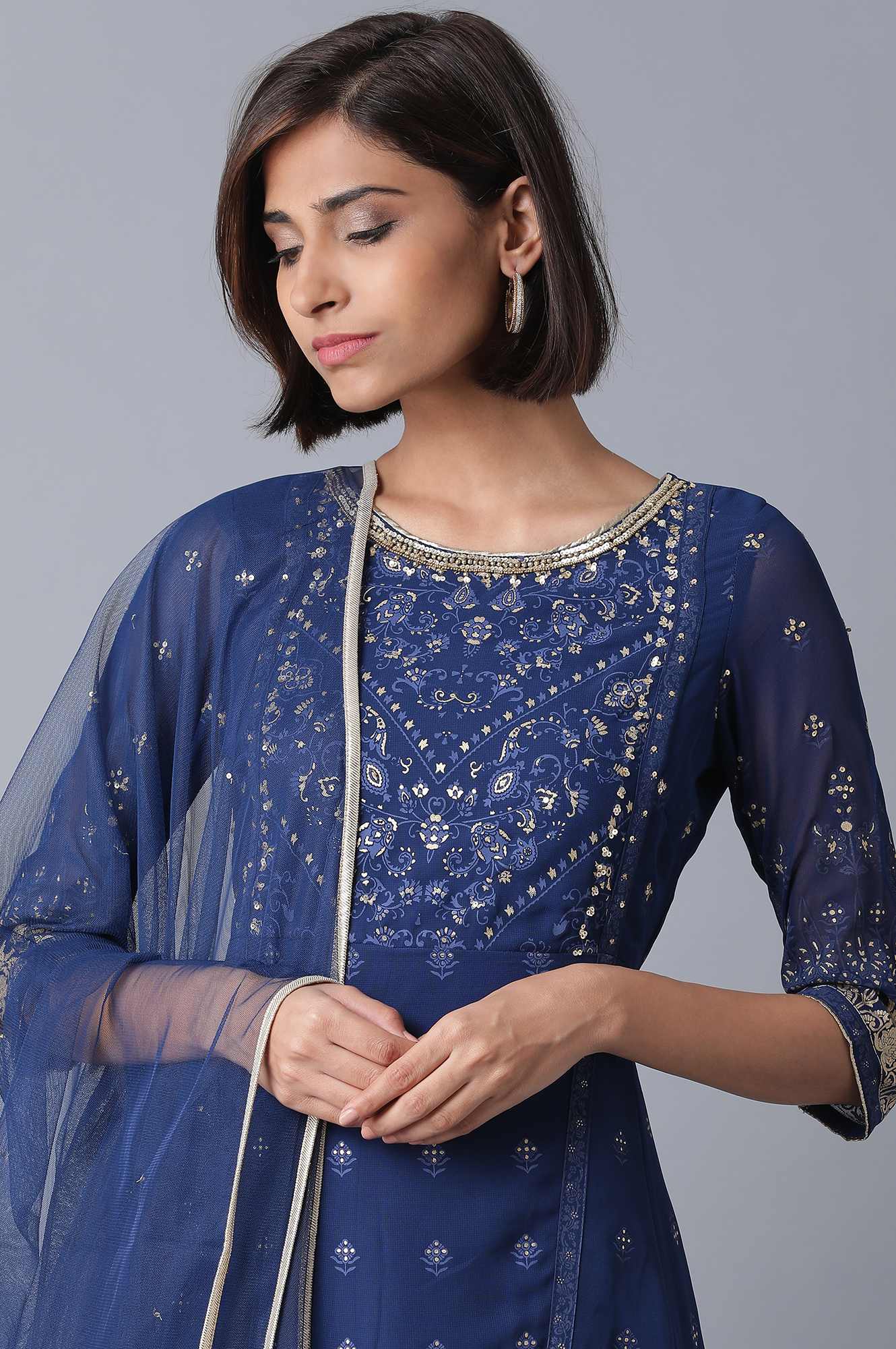 Navy Blue Flared kurta-Parallel Pants-Drape Set