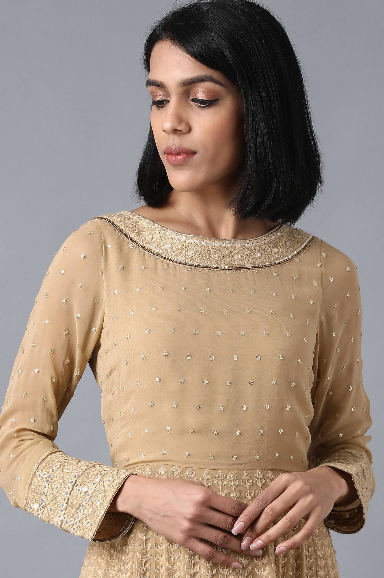 Golden Round Neck kurta Set