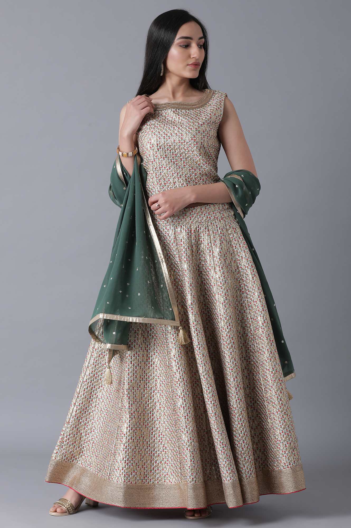 Multicoloured Top-Skirt-Green Drape Set