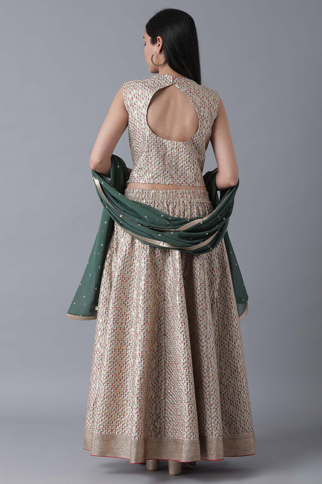 Multicoloured Top-Skirt-Green Drape Set