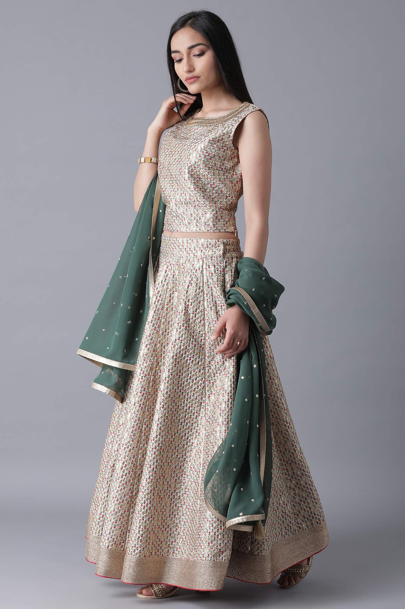 Multicoloured Top-Skirt-Green Drape Set