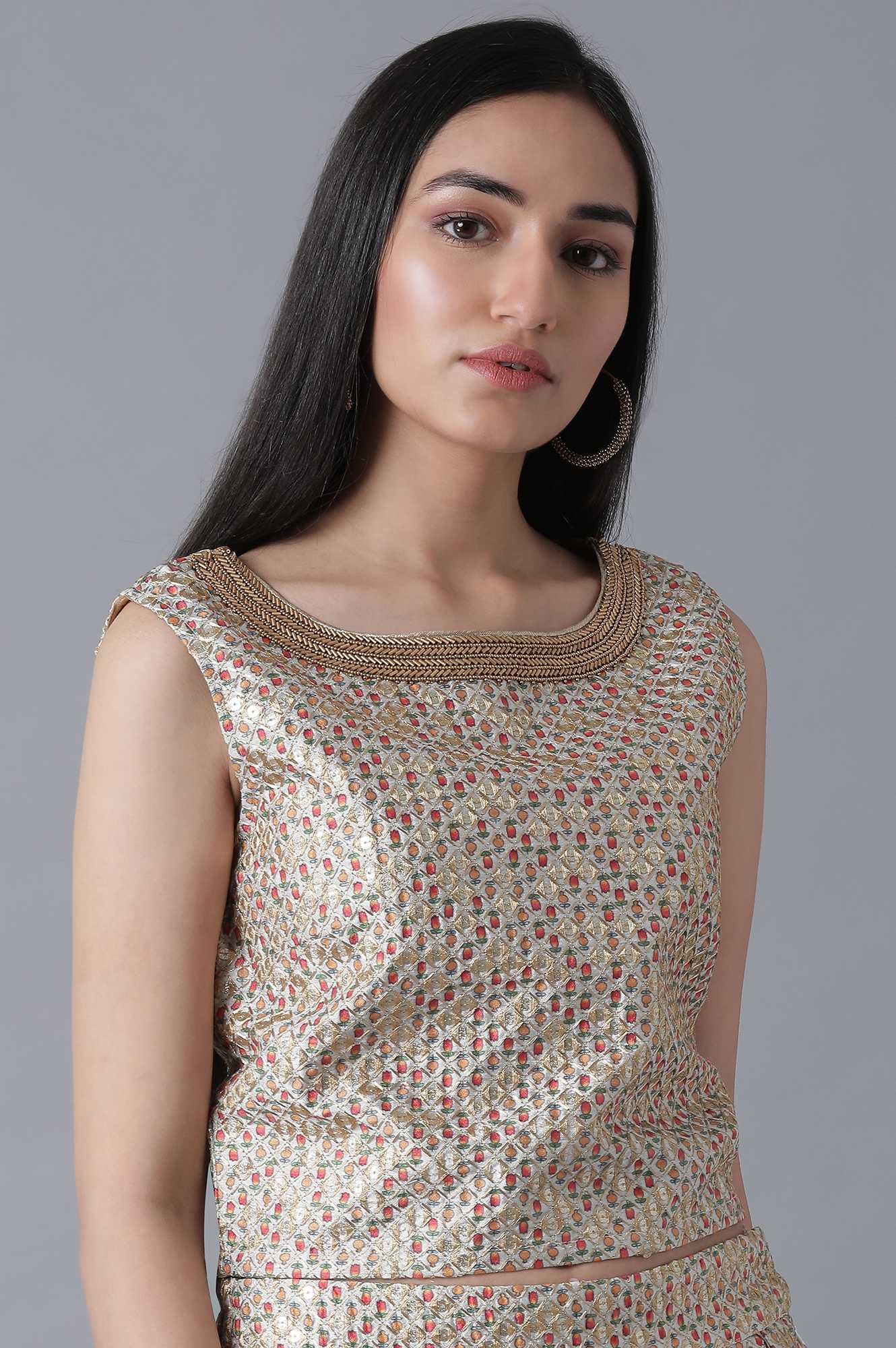 Multicoloured Top-Skirt-Green Drape Set