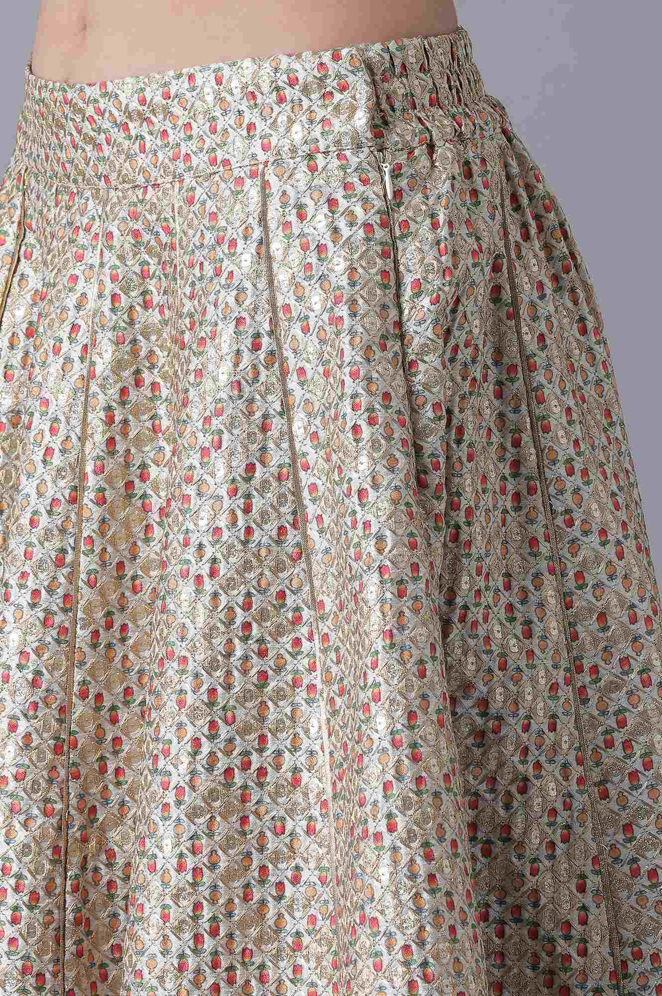 Multicoloured Top-Skirt-Green Drape Set