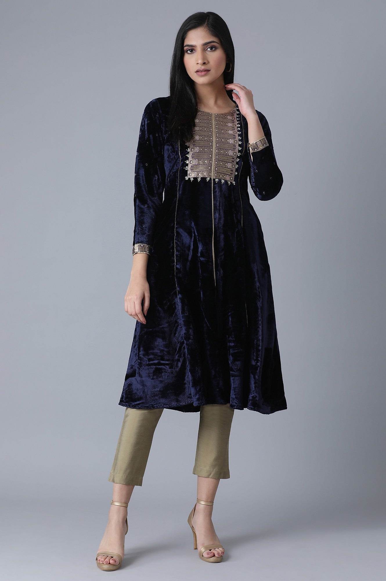 Navy Blue A-Line Velvet kurta