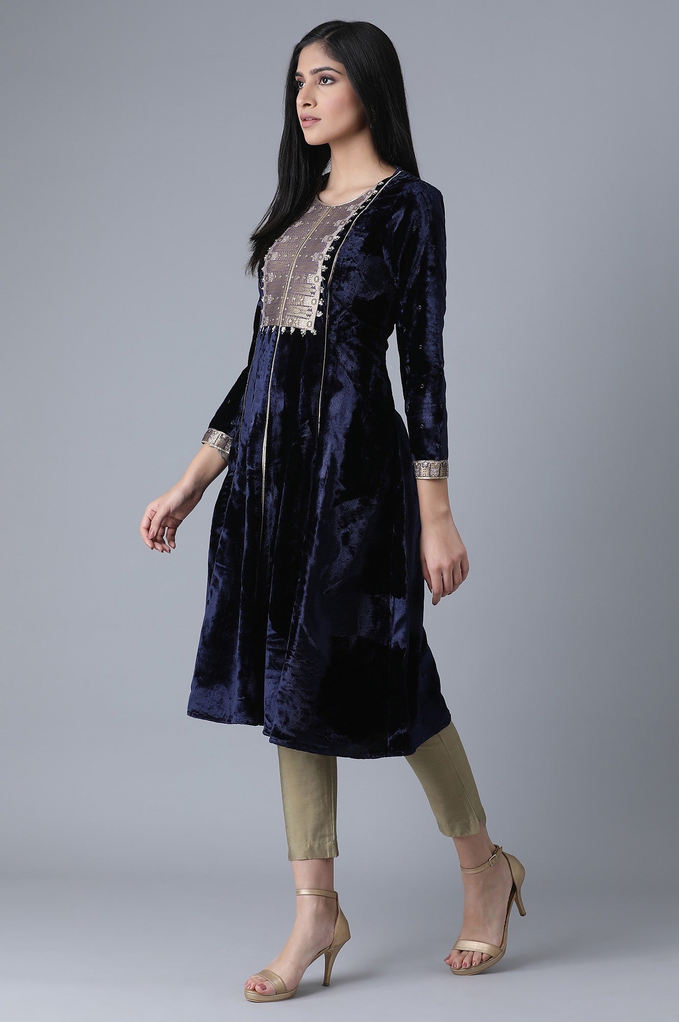 Navy Blue A-Line Velvet kurta