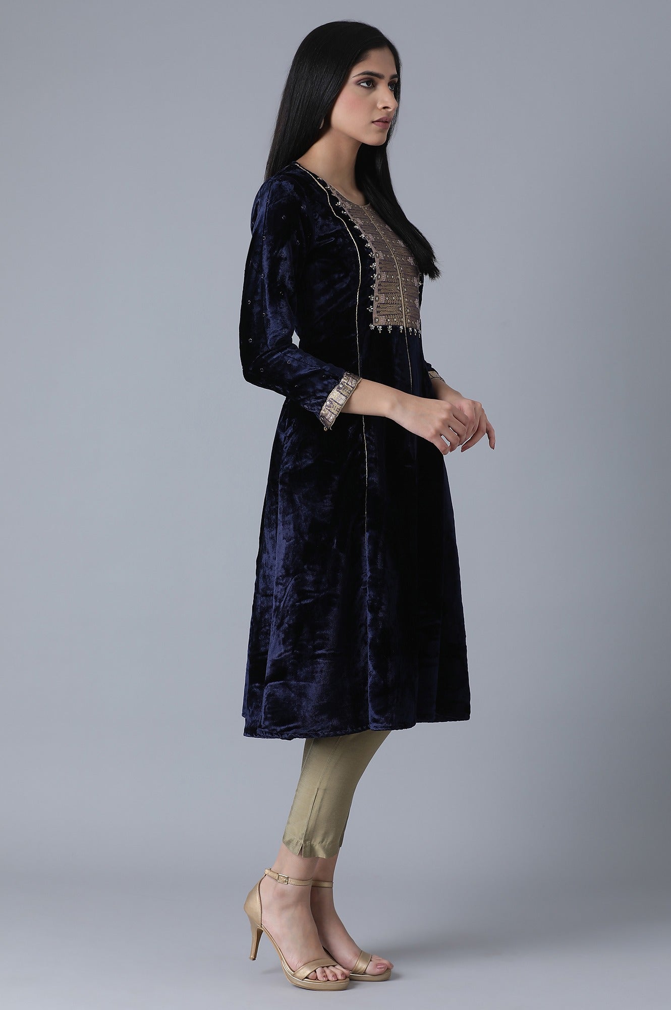 Navy Blue A-Line Velvet kurta