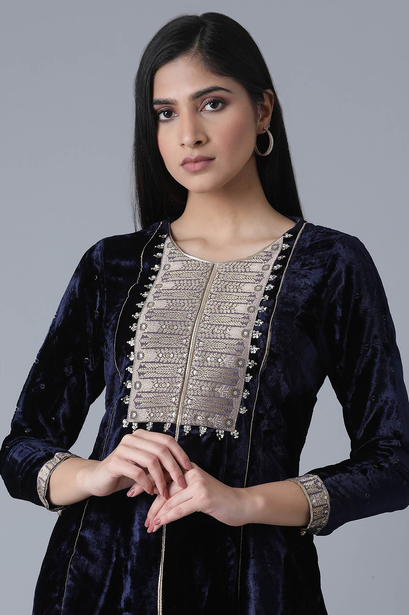 Navy Blue A-Line Velvet kurta