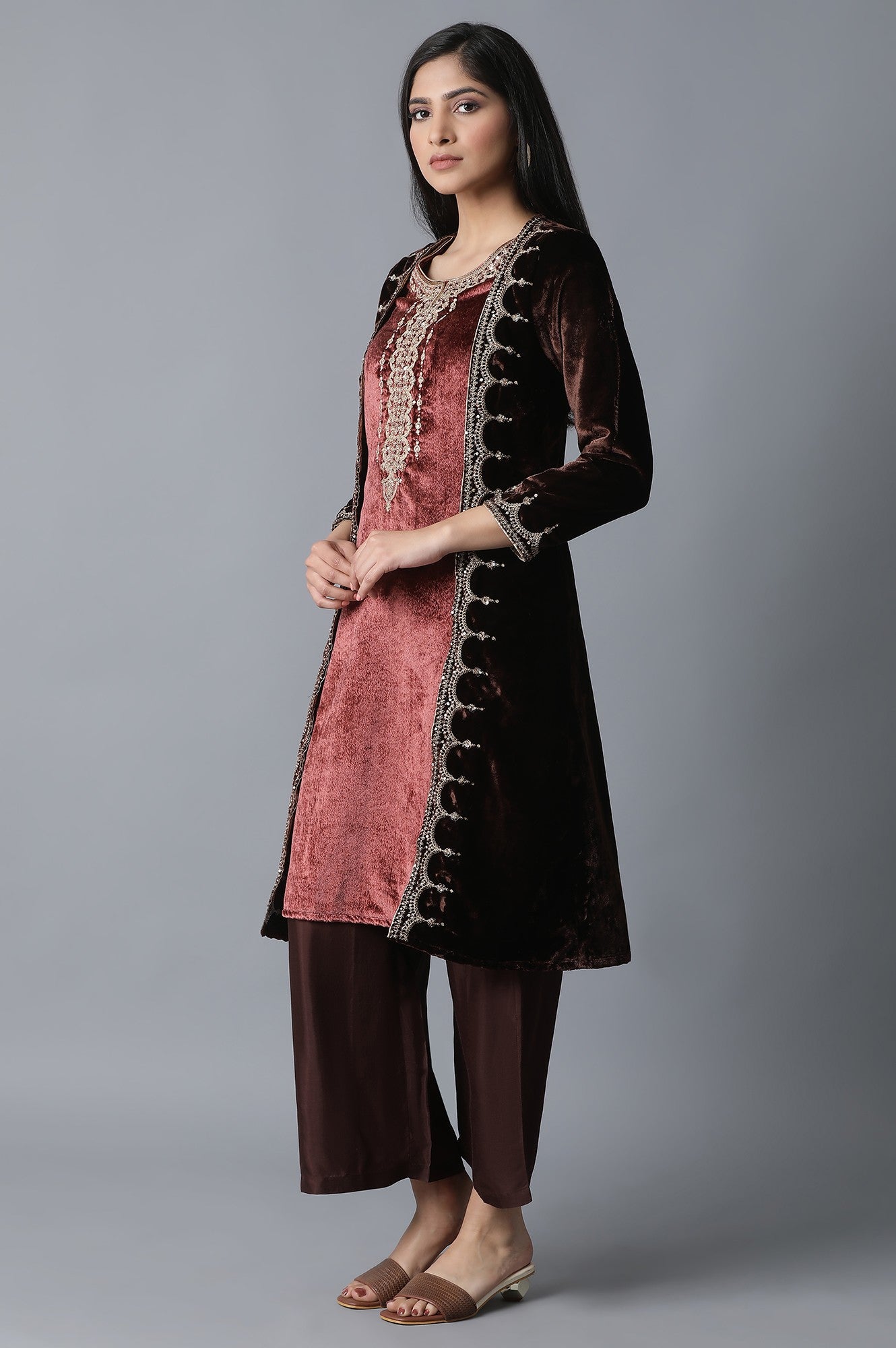 Dark Brown Jacket kurta-Parallel Pant Set