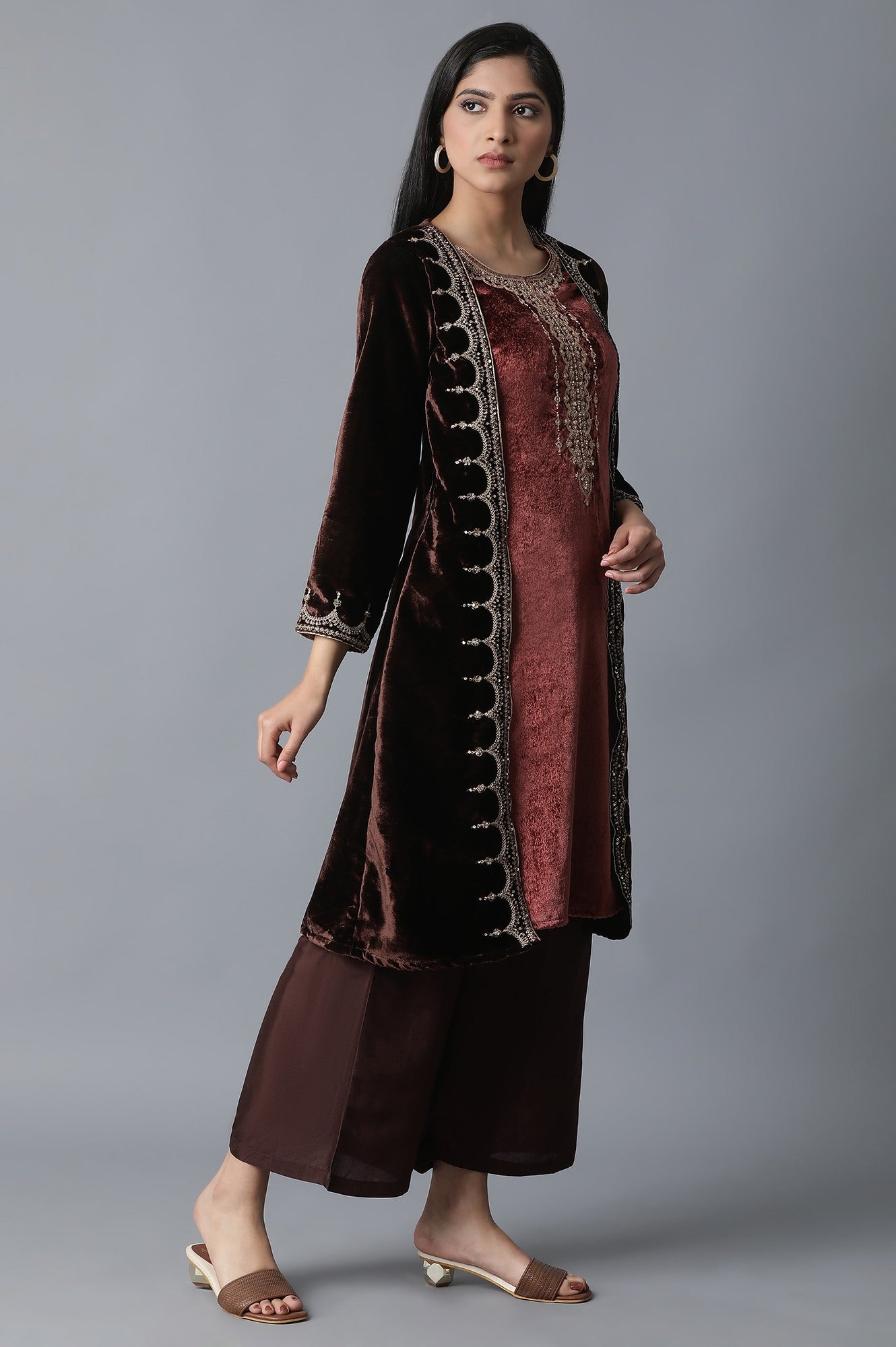 Dark Brown Jacket kurta-Parallel Pant Set