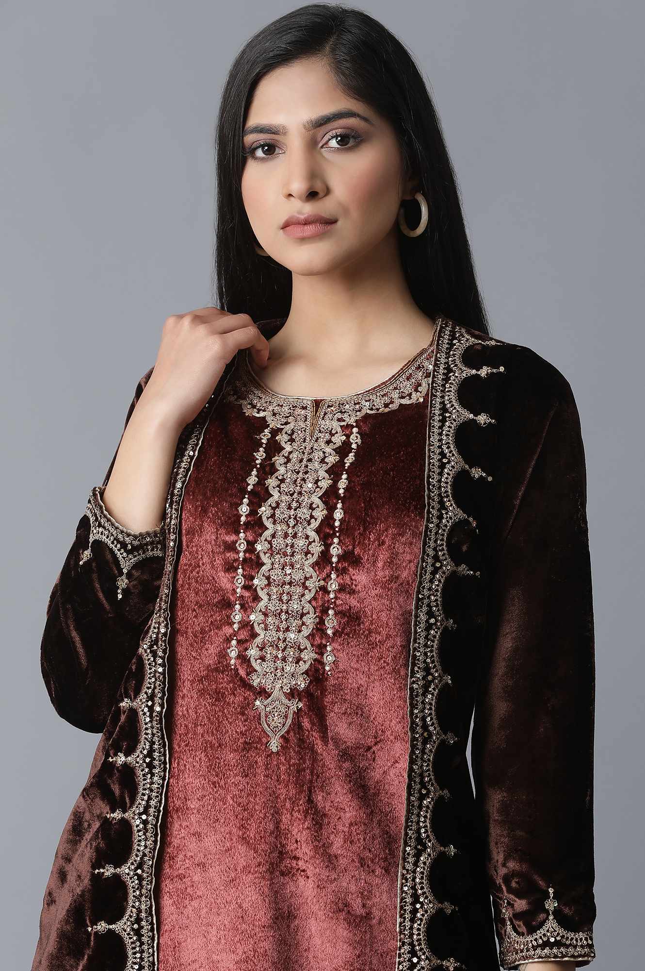Dark Brown Jacket kurta-Parallel Pant Set