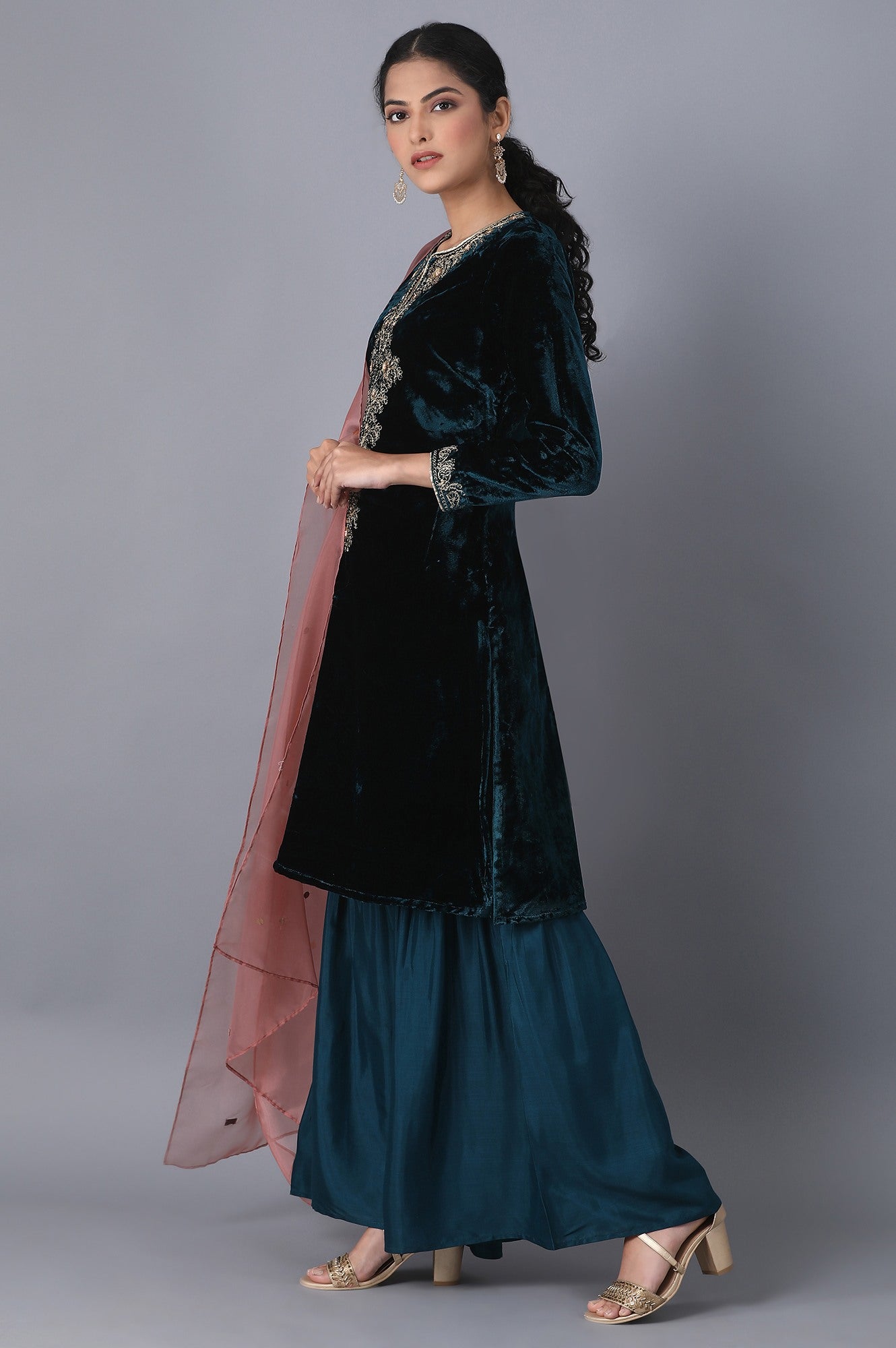 Dark Teal kurta-Sharara-Dupatta Set