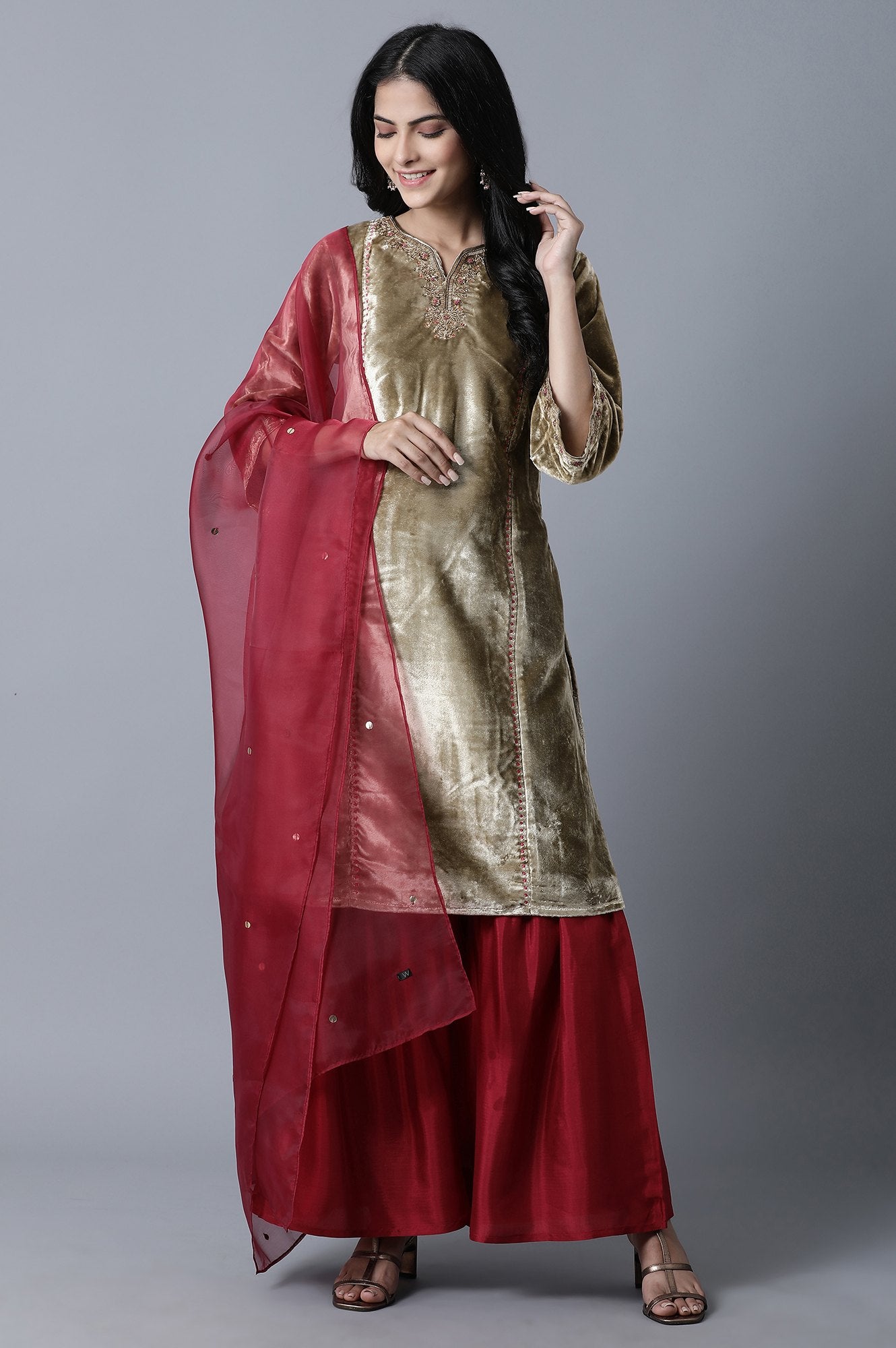 Gold kurta- Dark Red Sharats- Dupatta Set