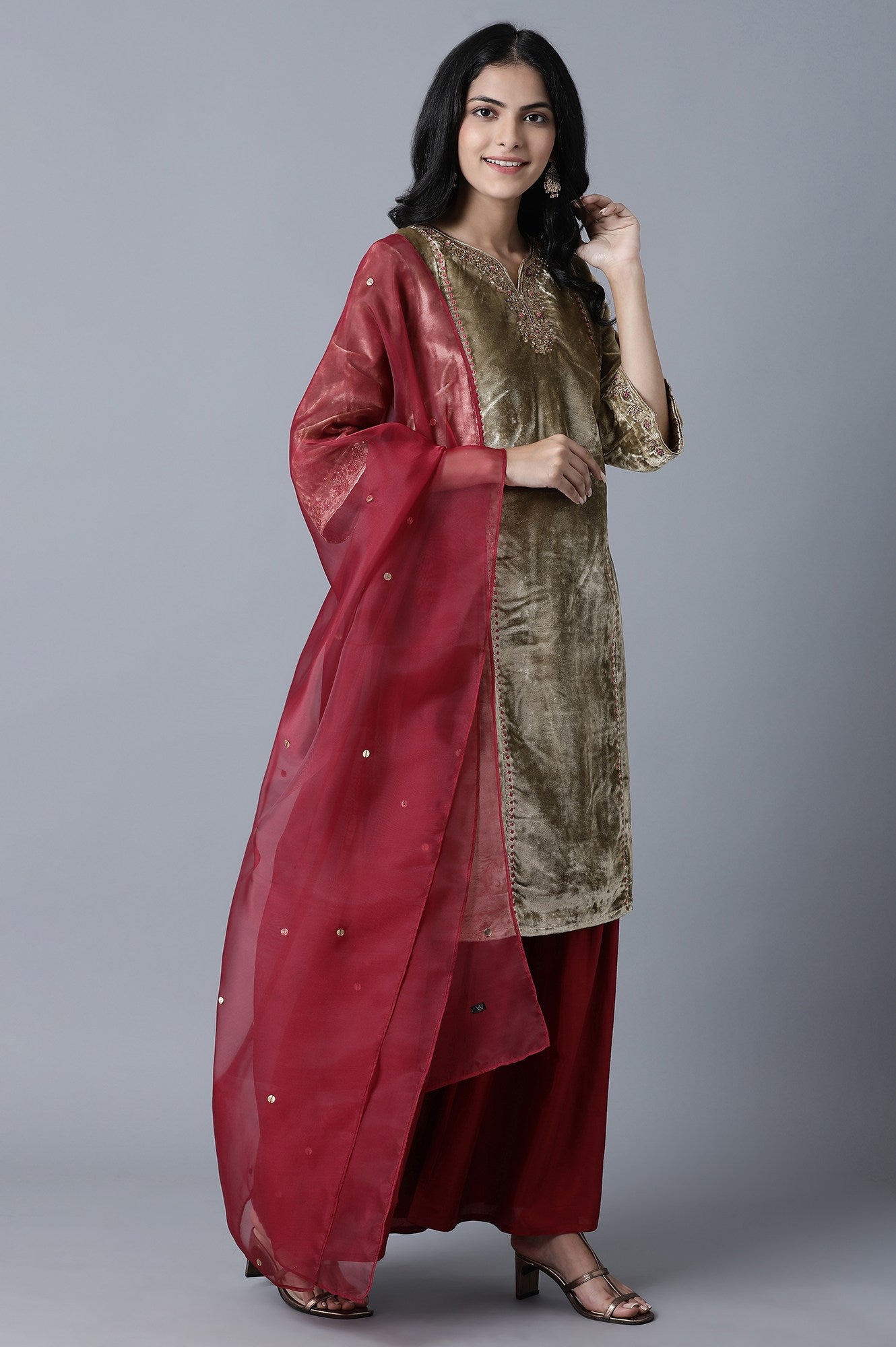 Gold kurta- Dark Red Sharats- Dupatta Set