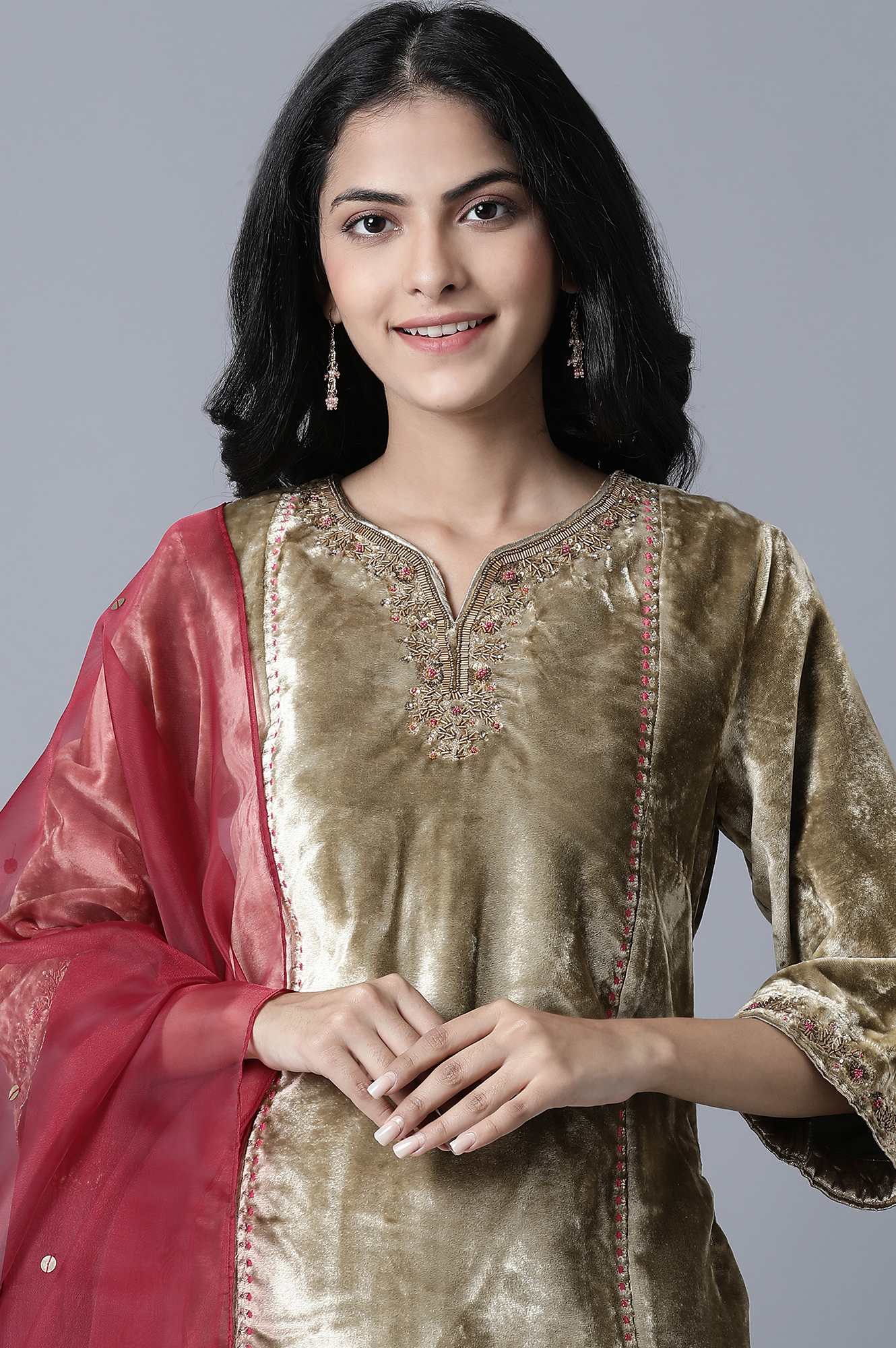 Gold kurta- Dark Red Sharats- Dupatta Set