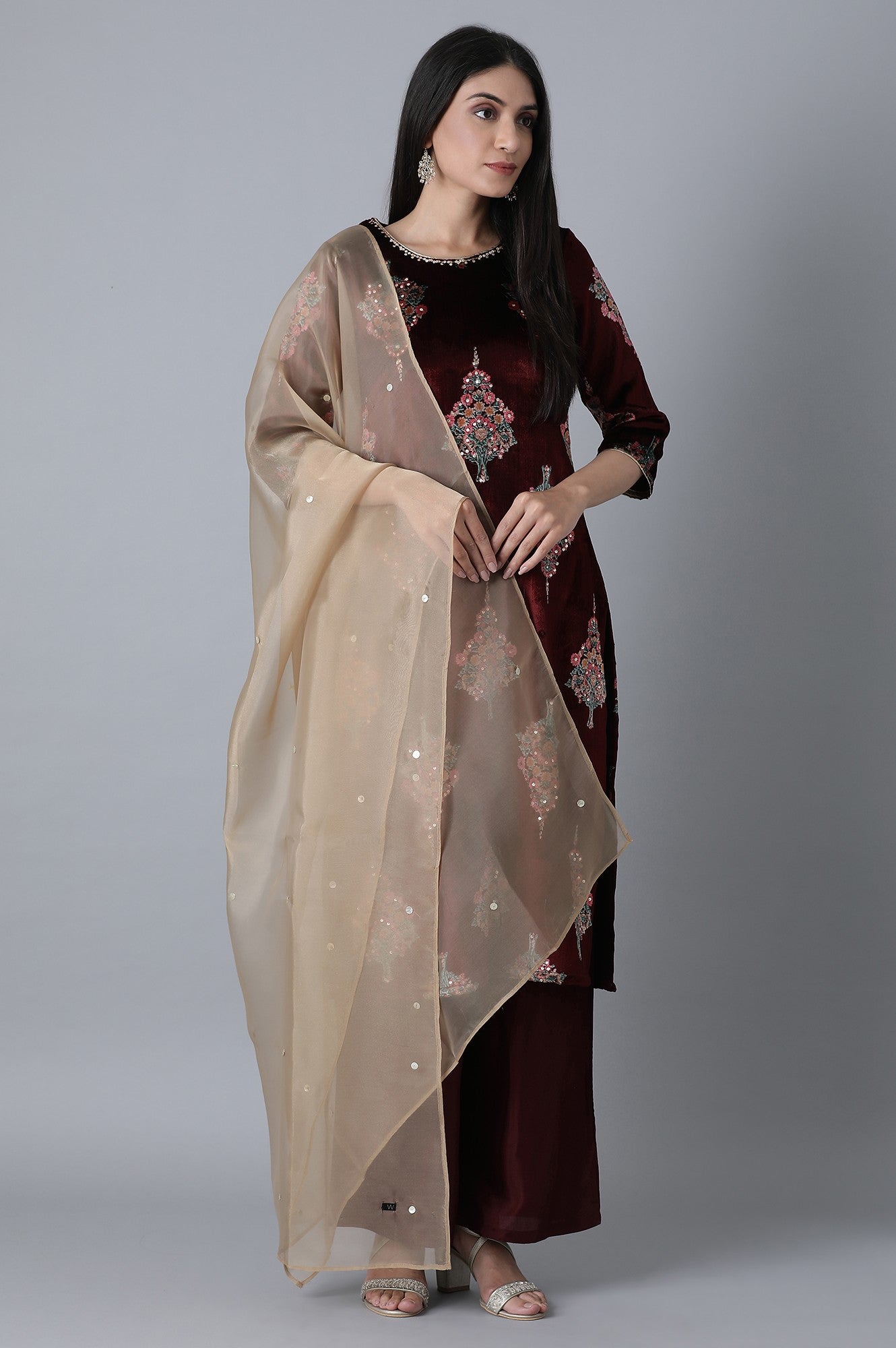 Maroon Printed kurta- Gold Parallel Pant-Duptta Set