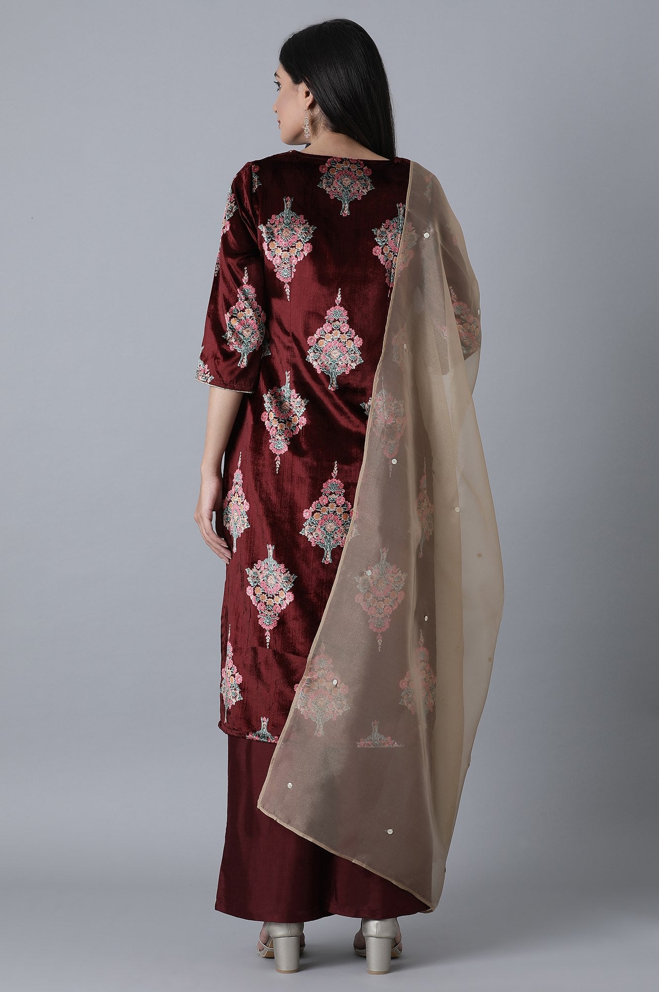 Maroon Printed kurta- Gold Parallel Pant-Duptta Set