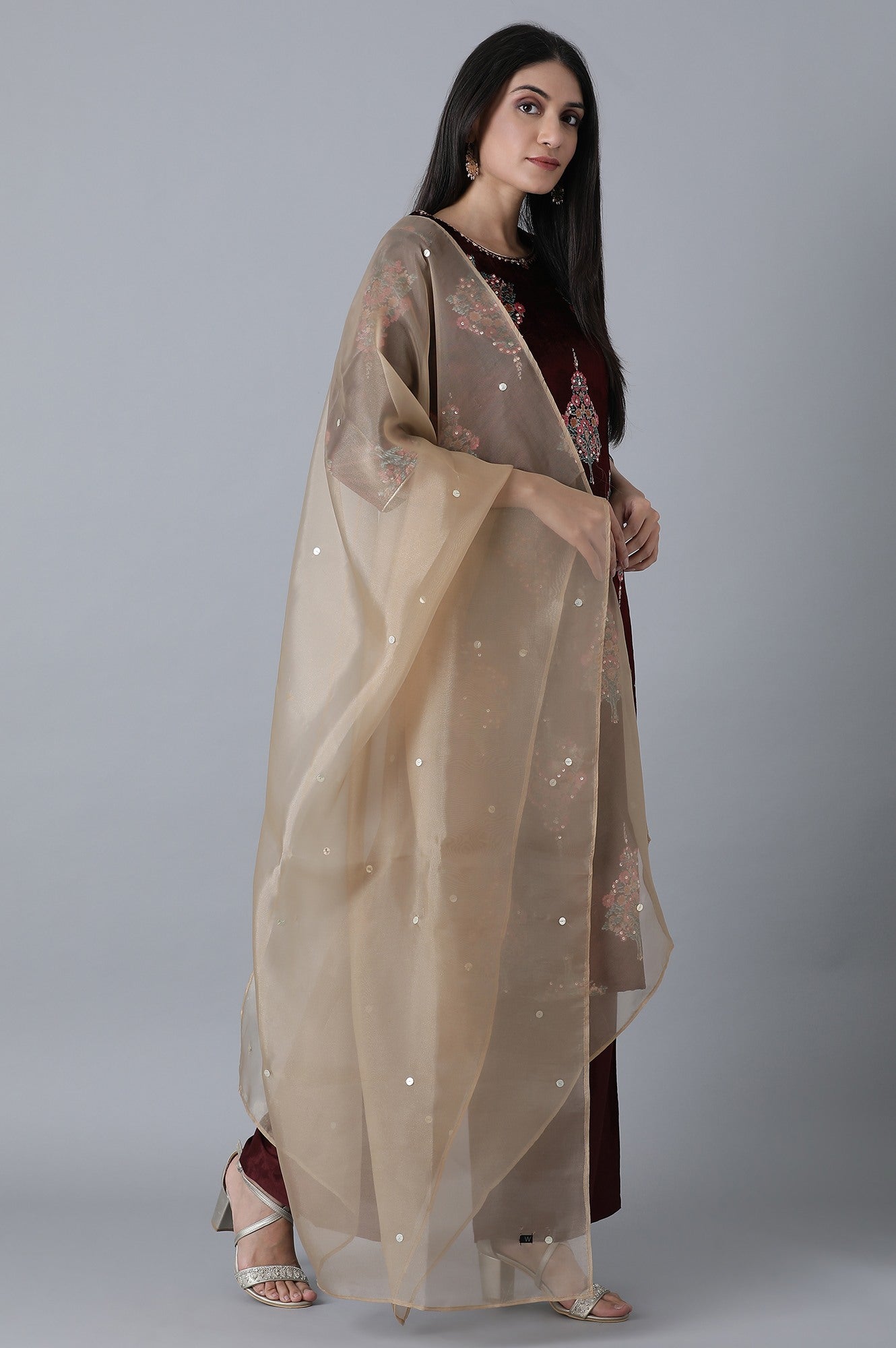 Maroon Printed kurta- Gold Parallel Pant-Duptta Set