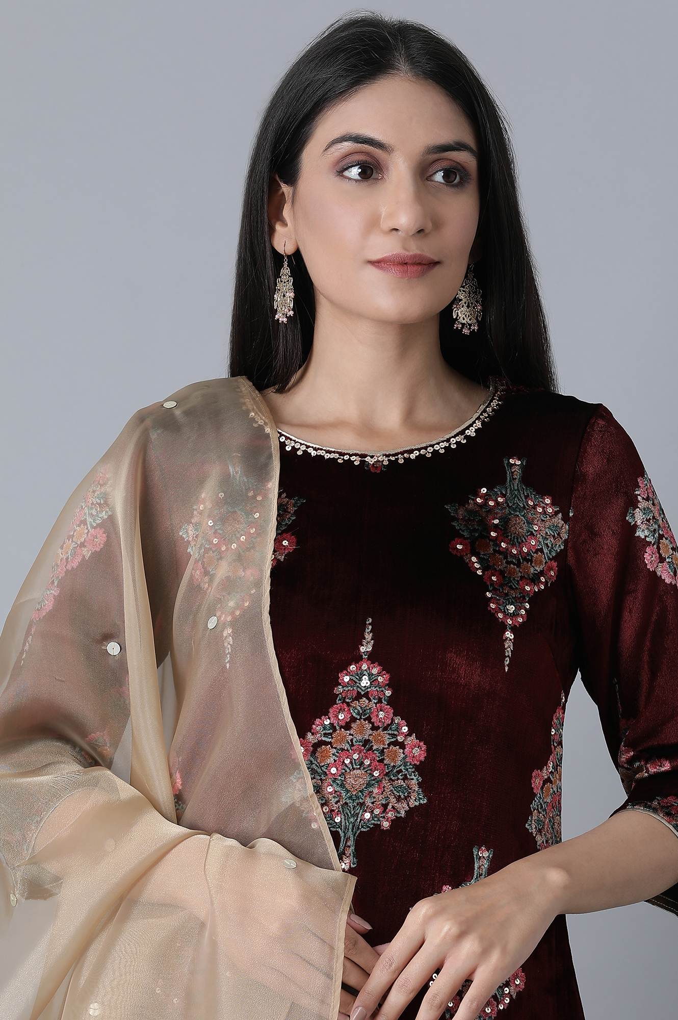 Maroon Printed kurta- Gold Parallel Pant-Duptta Set