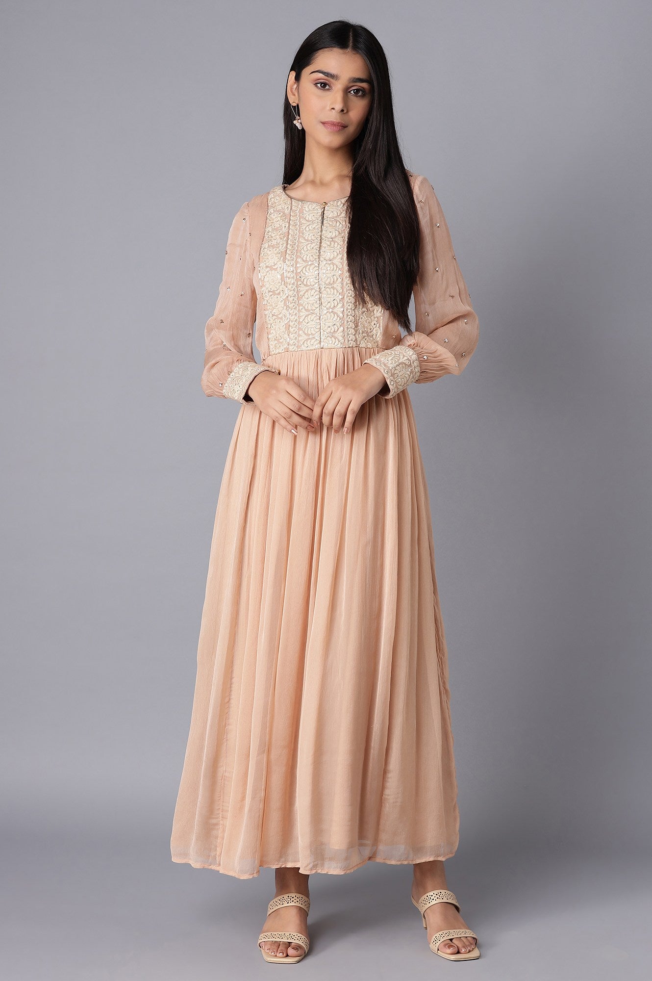 Light Pink Embroidered Victorian Dress with Sleeves