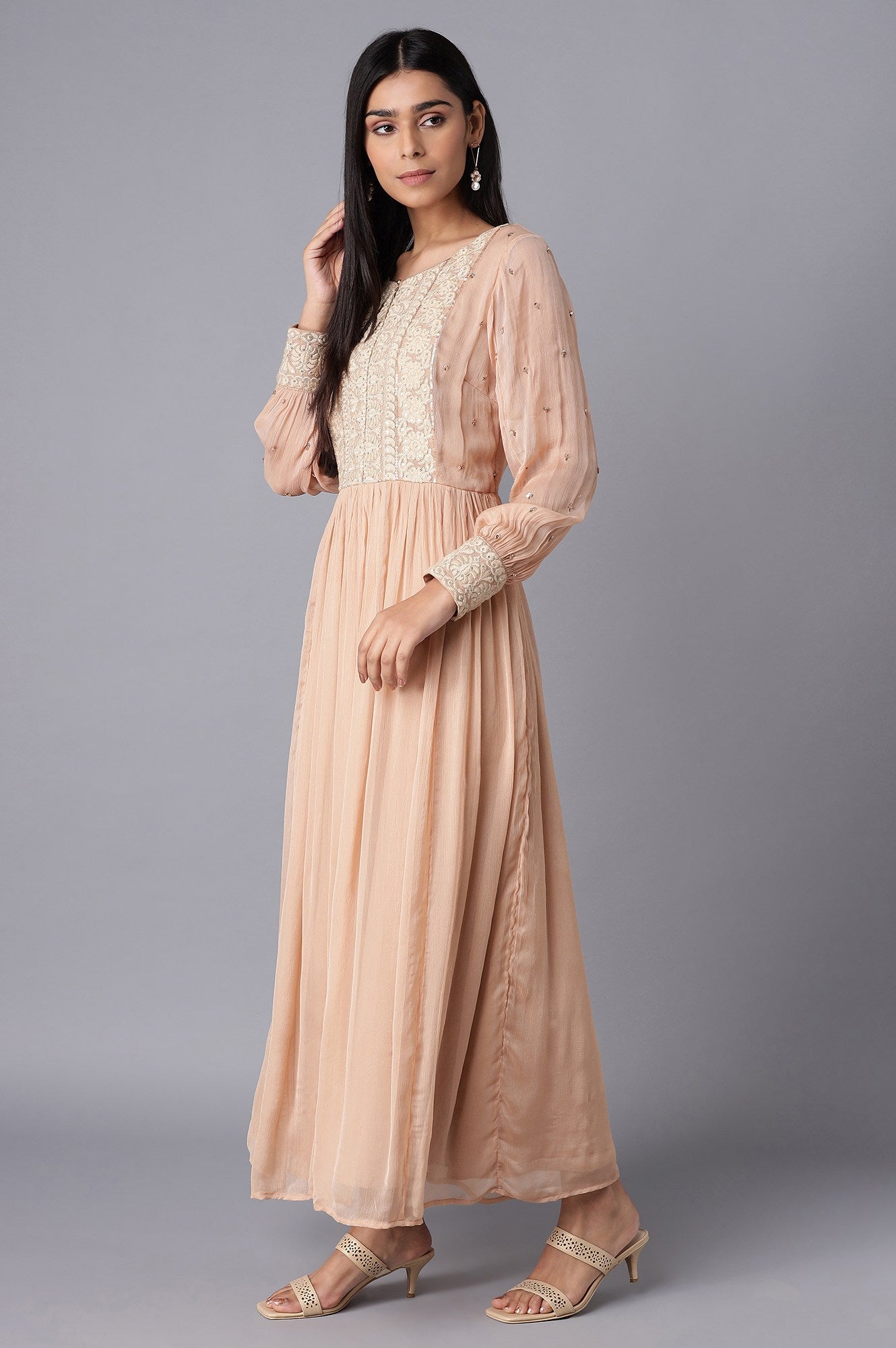 Light Pink Embroidered Victorian Dress with Sleeves