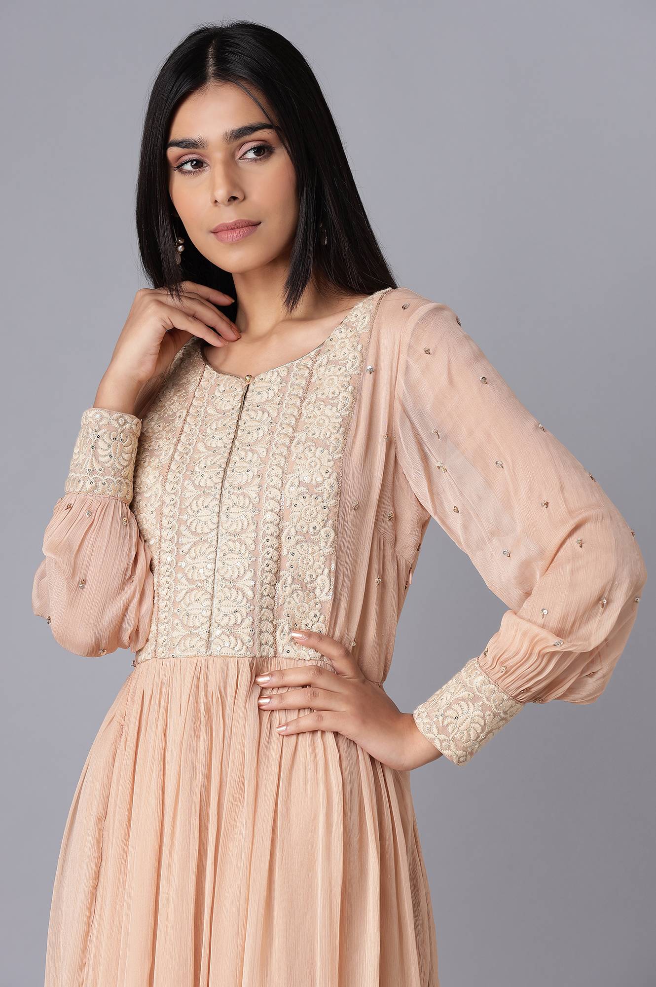 Light Pink Embroidered Victorian Dress with Sleeves