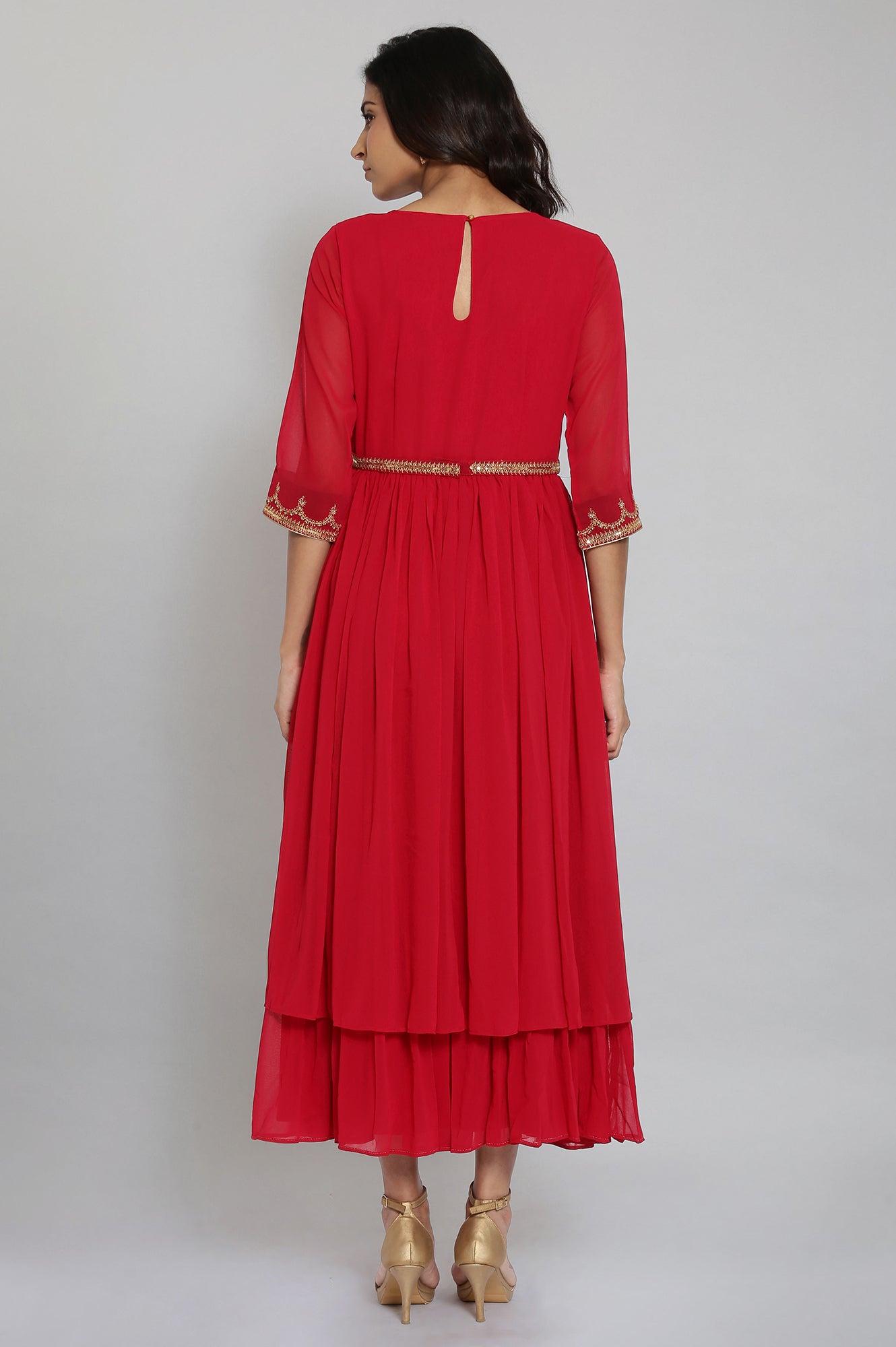 Red Embroidered Tiered Dress