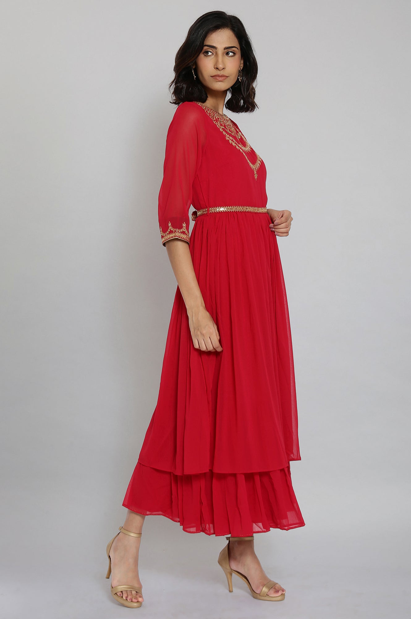 Red Embroidered Tiered Dress