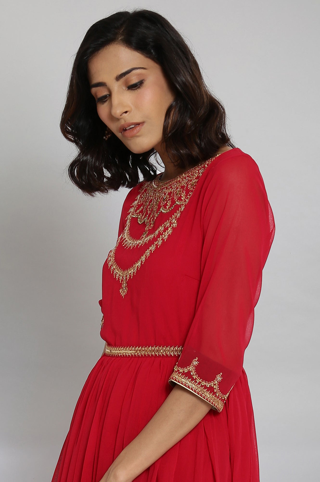 Red Embroidered Tiered Dress