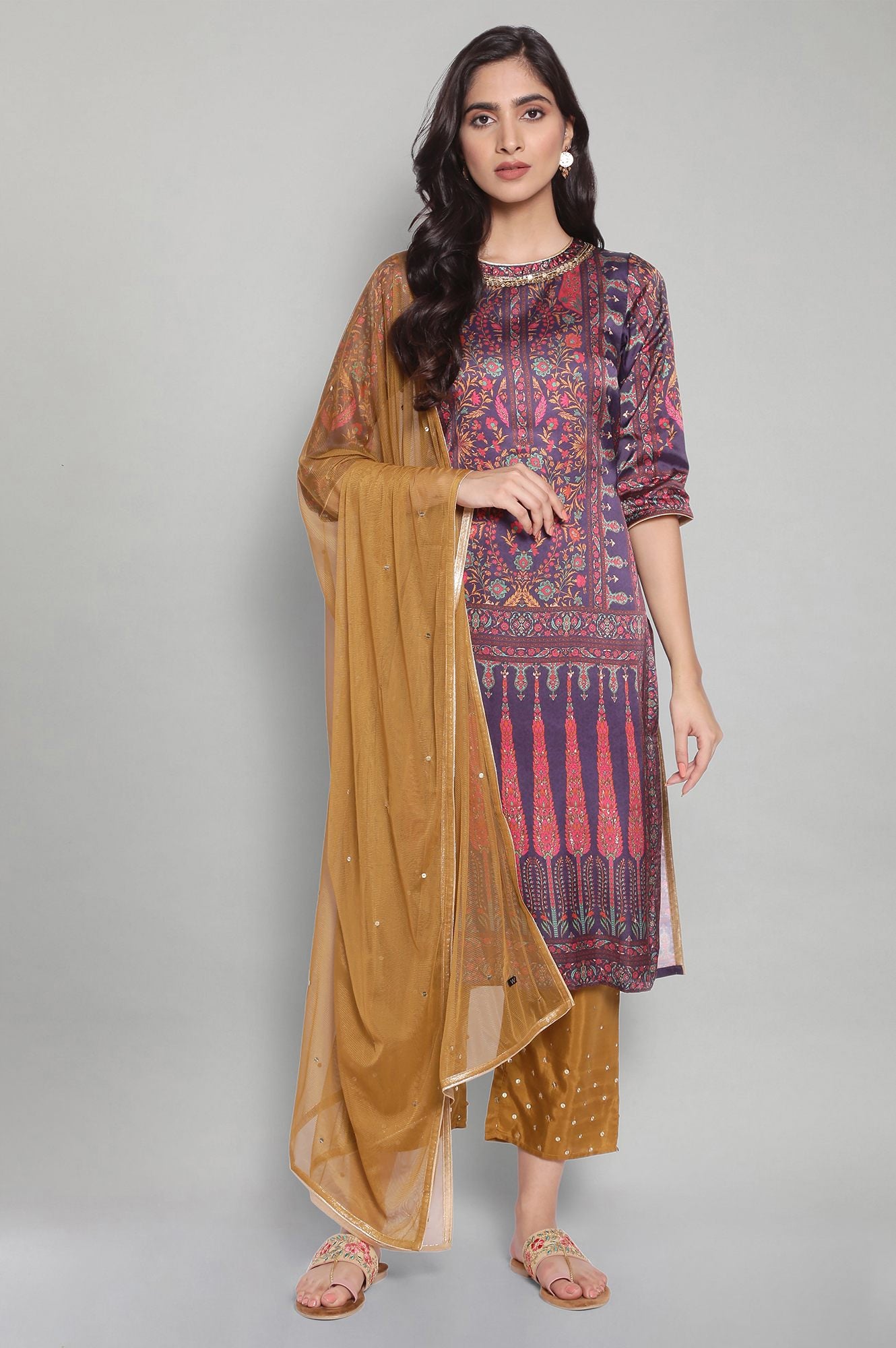 Purple Panelled Satin kurta-Parallel Pants-Dupatta Set