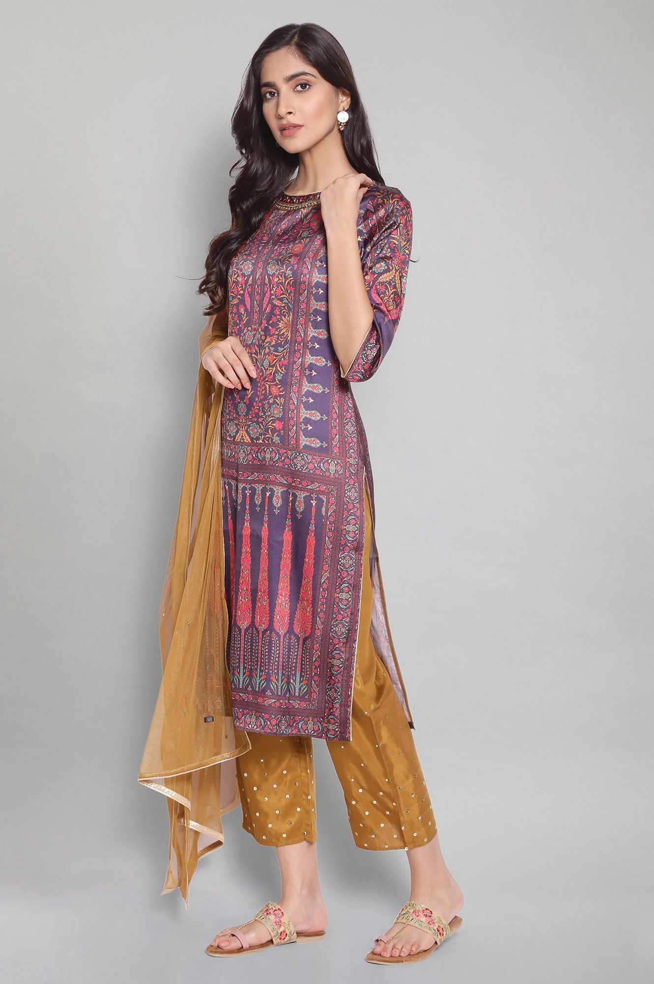 Purple Panelled Satin kurta-Parallel Pants-Dupatta Set