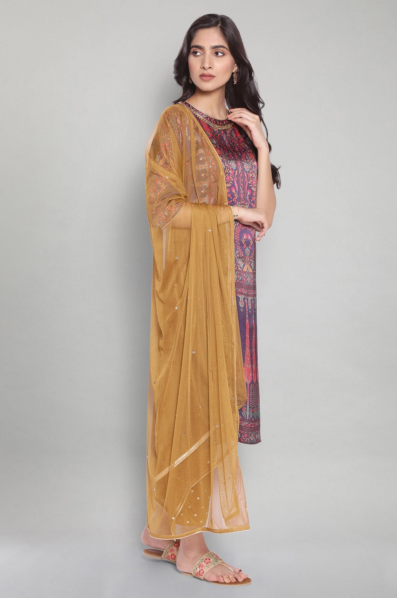 Purple Panelled Satin kurta-Parallel Pants-Dupatta Set