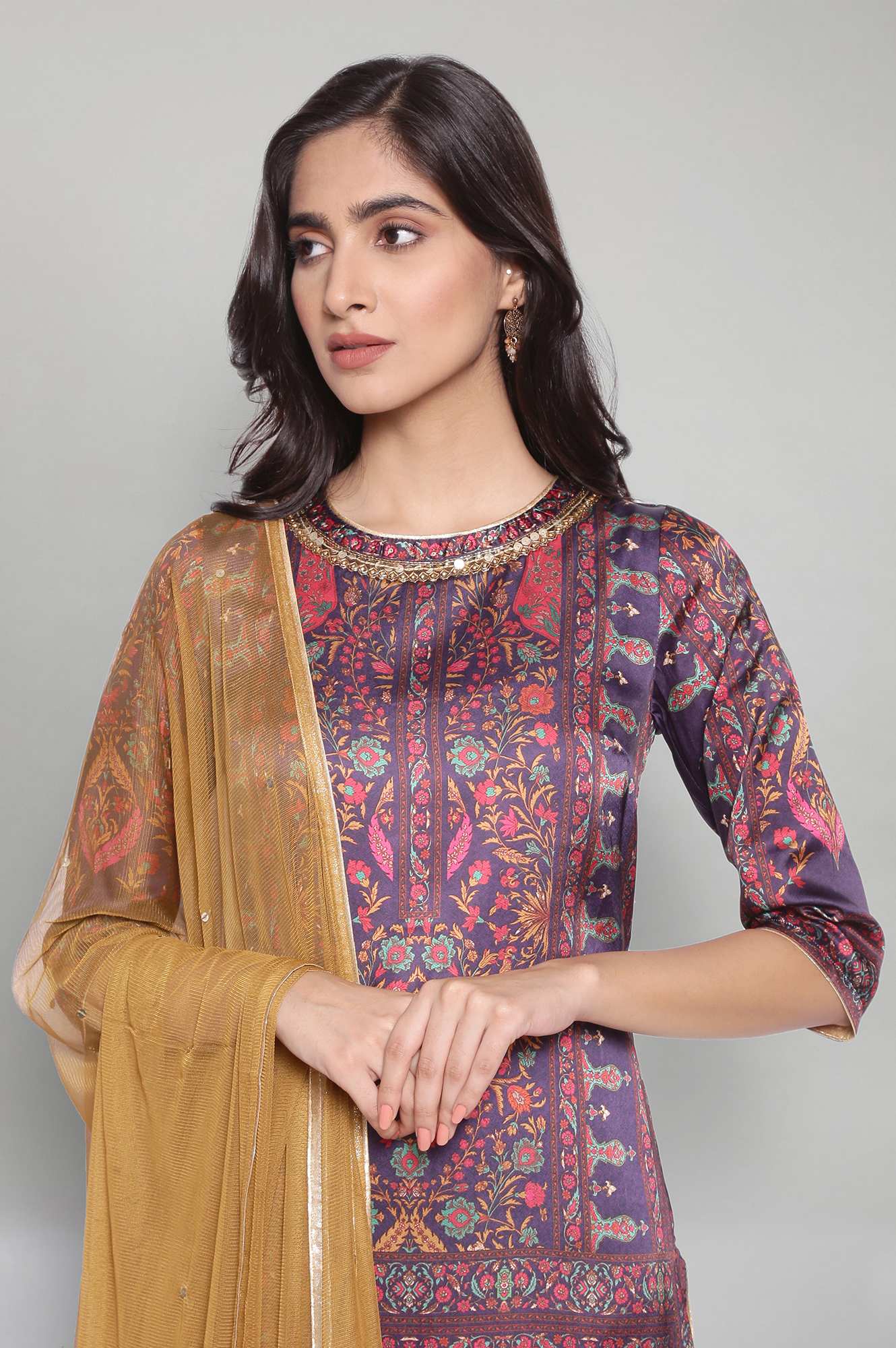 Purple Panelled Satin kurta-Parallel Pants-Dupatta Set