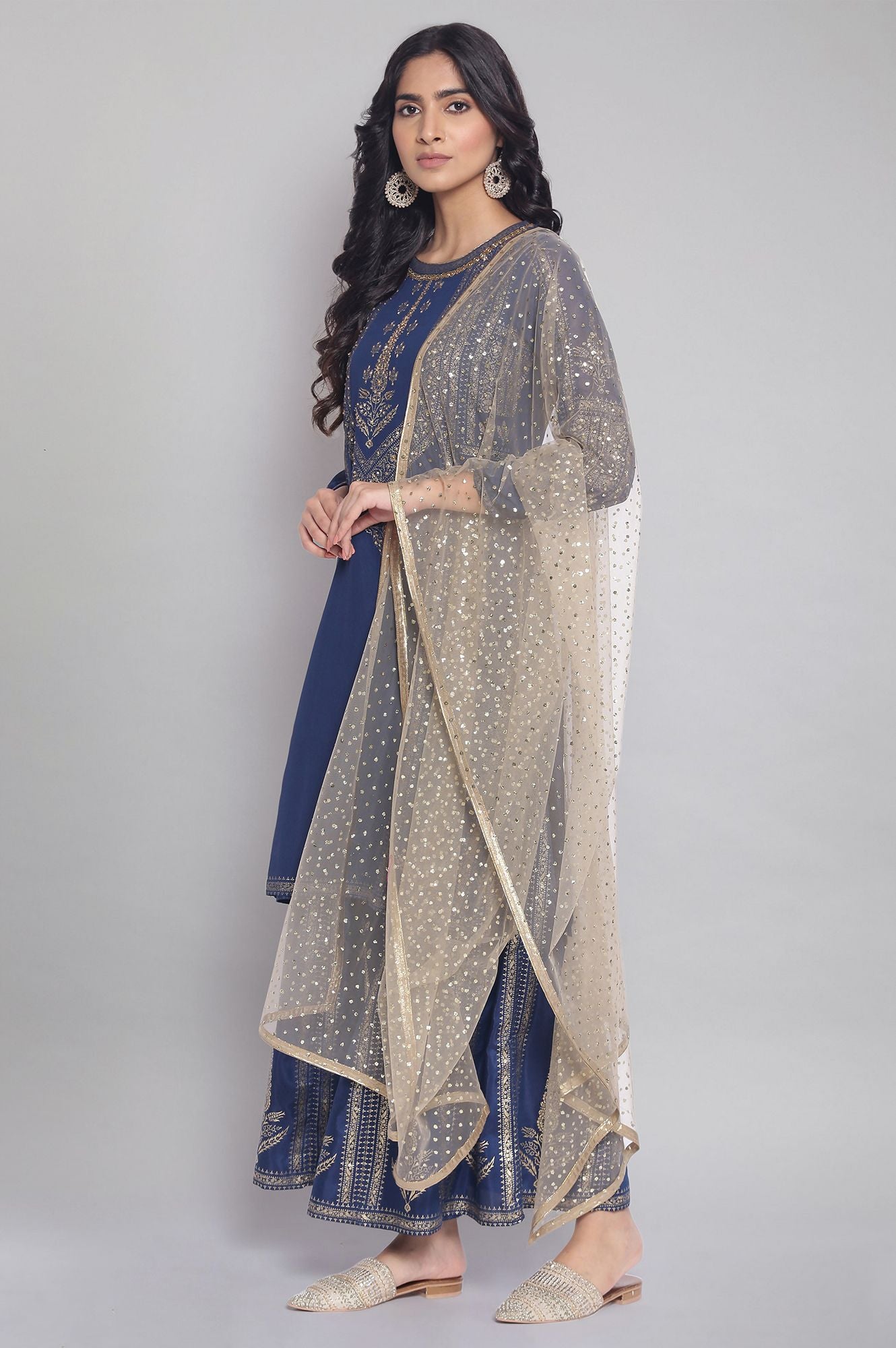 Navy Blue Floral Print kurta-Sharara-Dupatta Set