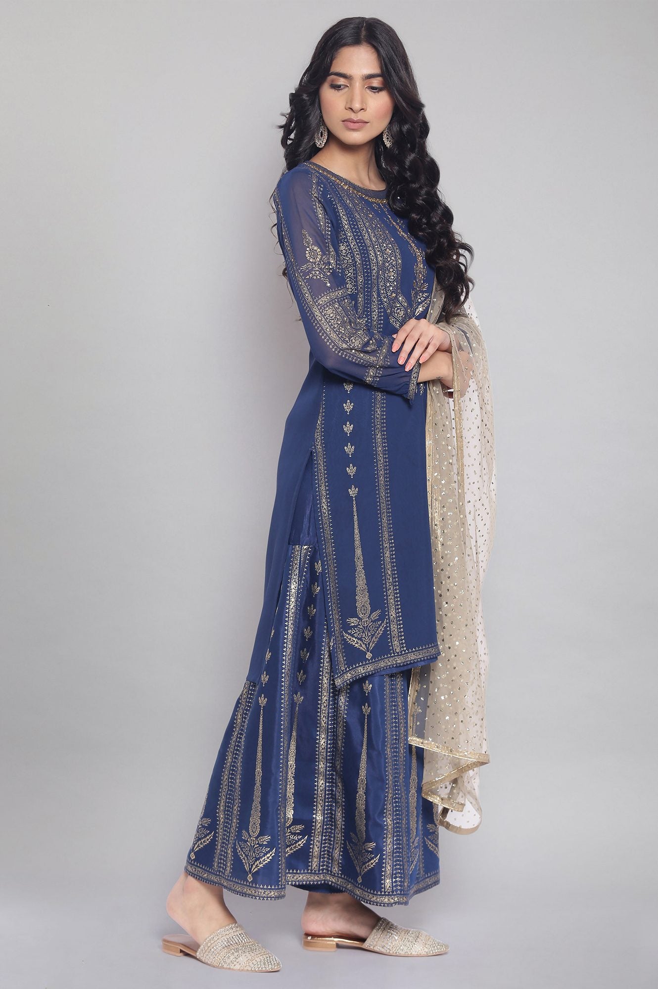 Navy Blue Floral Print kurta-Sharara-Dupatta Set